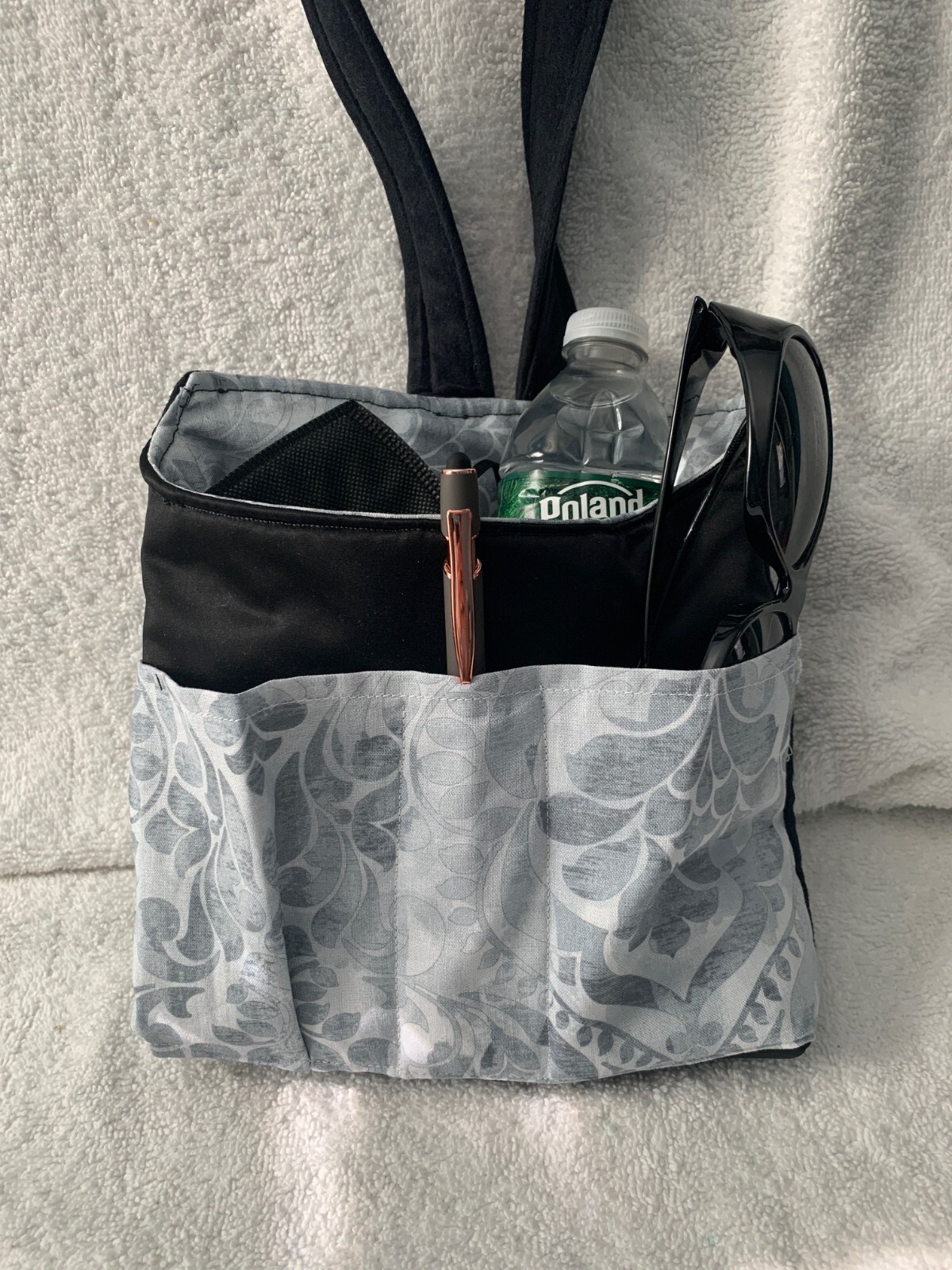 Home & Car Organizer Bag 3 outer pockets Black Grey print handmade Fabric NICE!