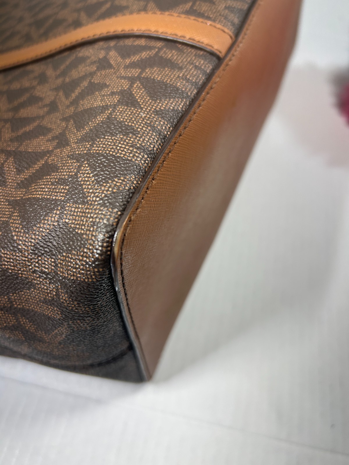Michael Kors Large Shoulder Tote Brown with Tan Trim Signature Logo