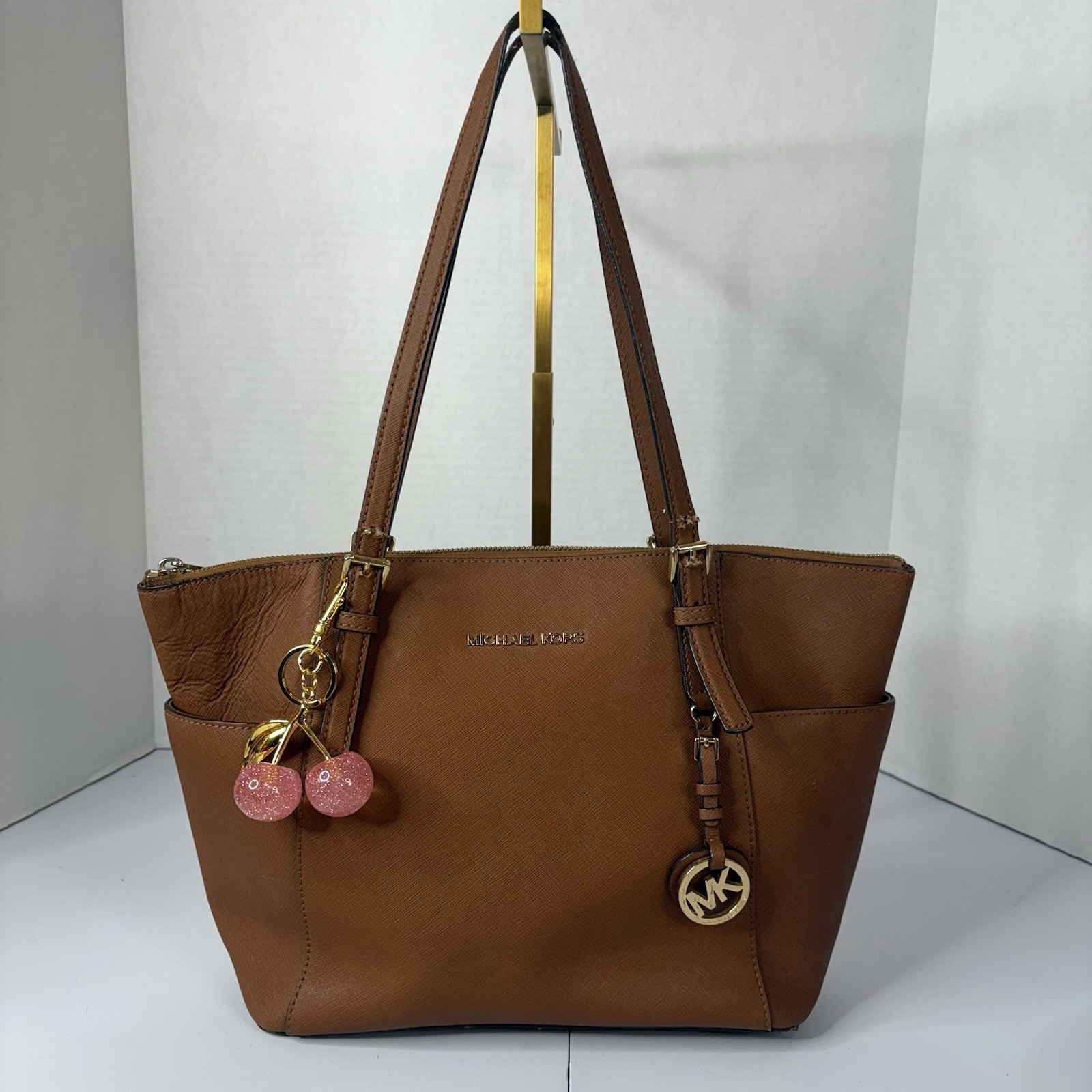 Michael Kors Jet Set Travel Saffiano Leather Tote Bag Acorn Brown GoldHardware