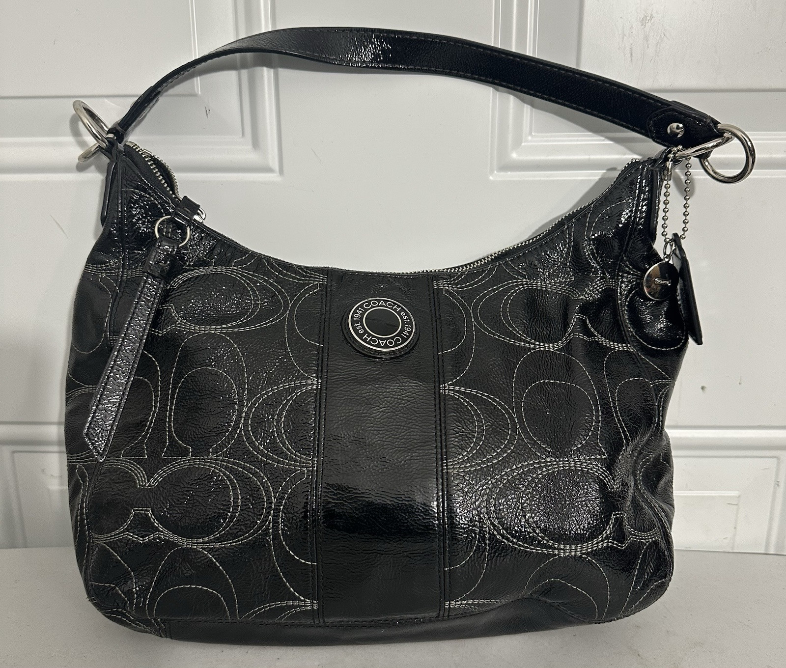 Coach Patent Leather Stitched Logo Hobo Shoulder Bag