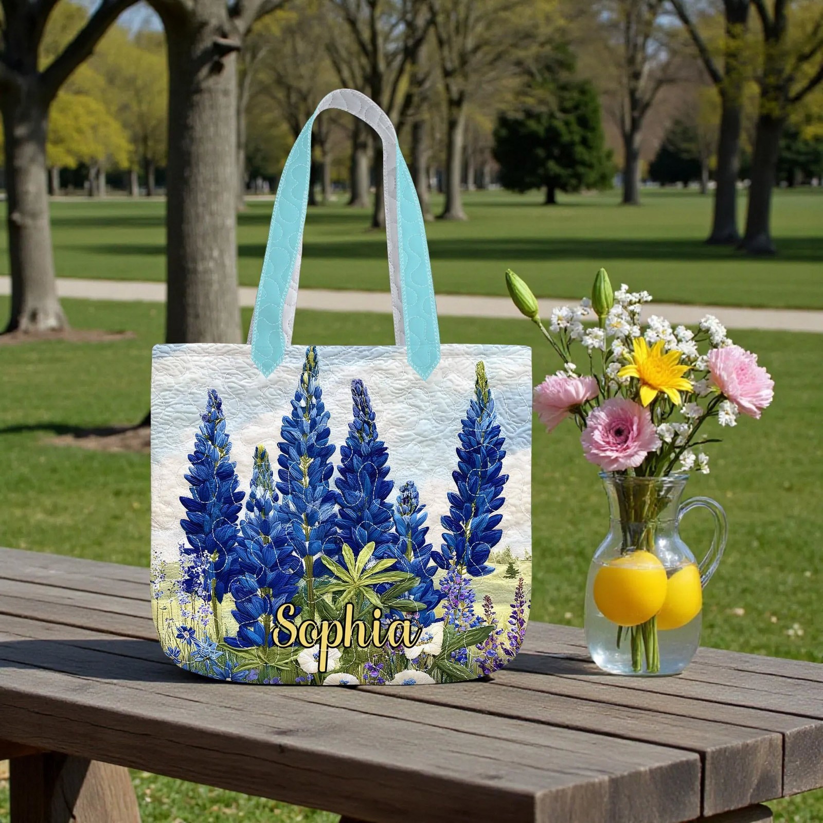 Personalized Bluebonnet Quilt Tote Bag Custom Wildflower Handbag Floral Gift