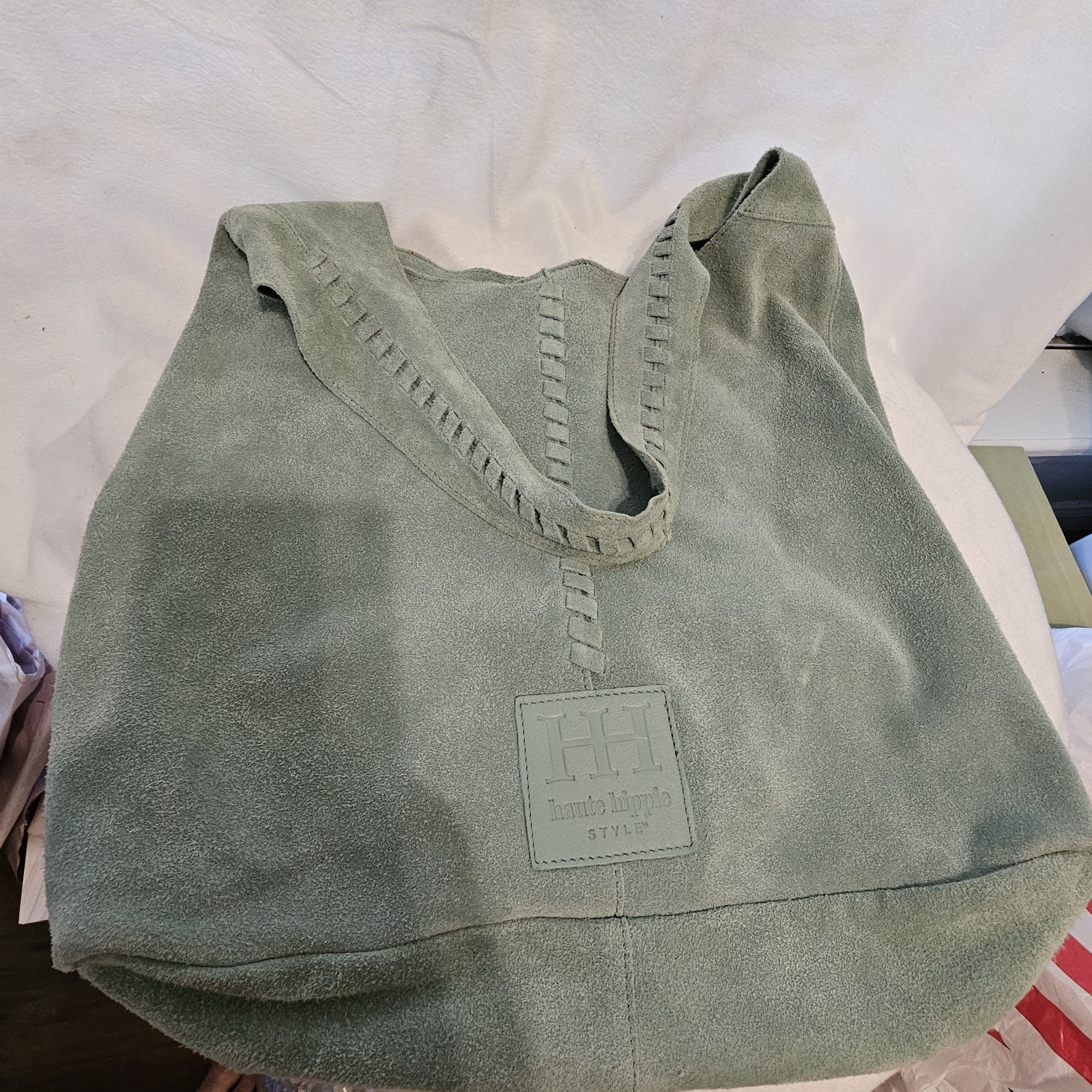 HAUTE HIPPIE Leather Festival Suede Hobo Light Green Purse Bag With Pouch EUC