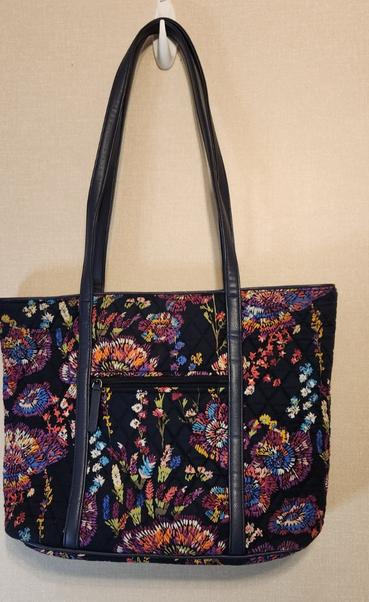 Vera Bradley Tote Large Navy Blue “Midnight Wildflowers” Faux Leather Strap