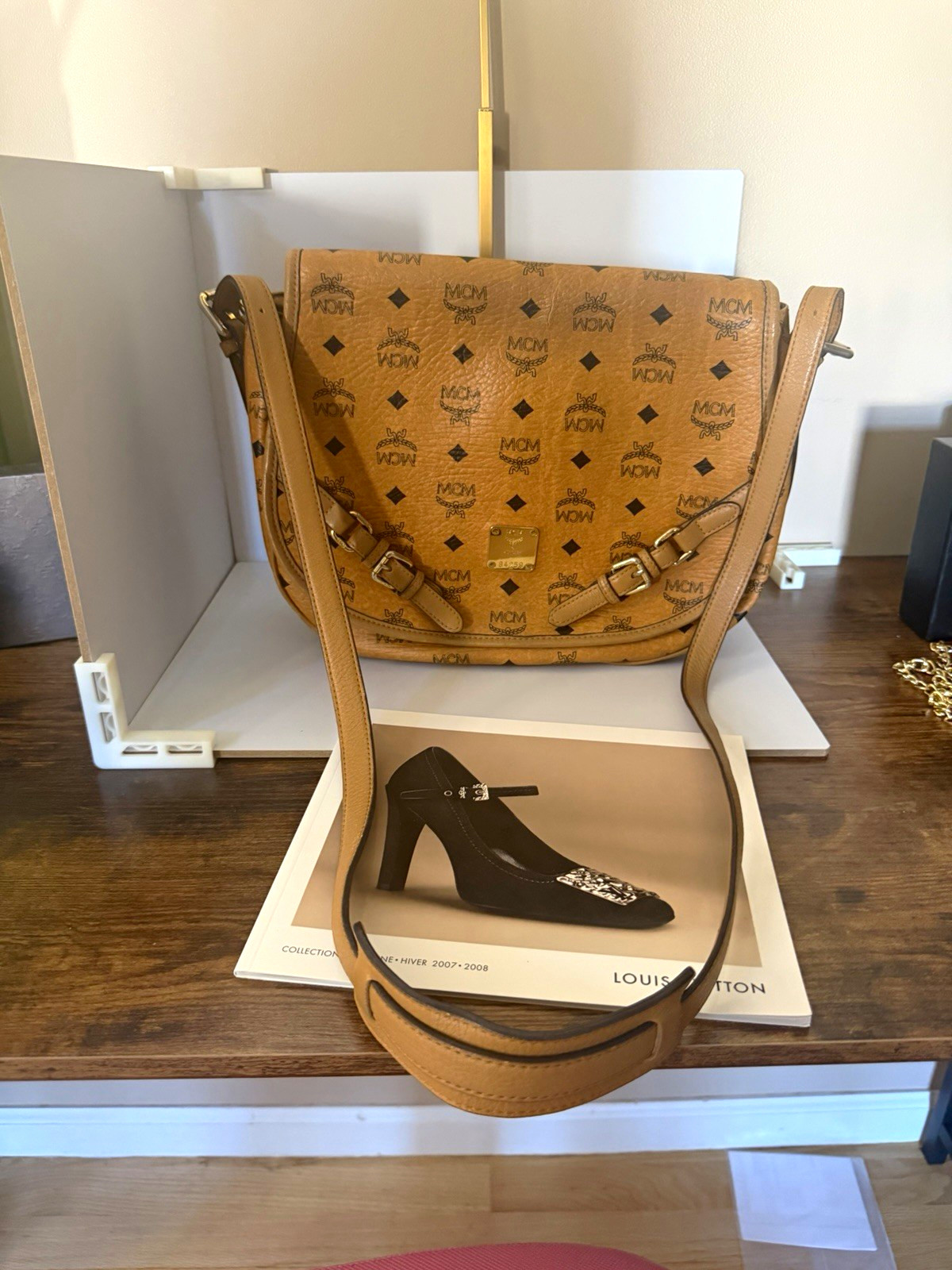 Authentic MCM Visetos Cognac Messenger Crossbody Bag Leather Trim w/strap