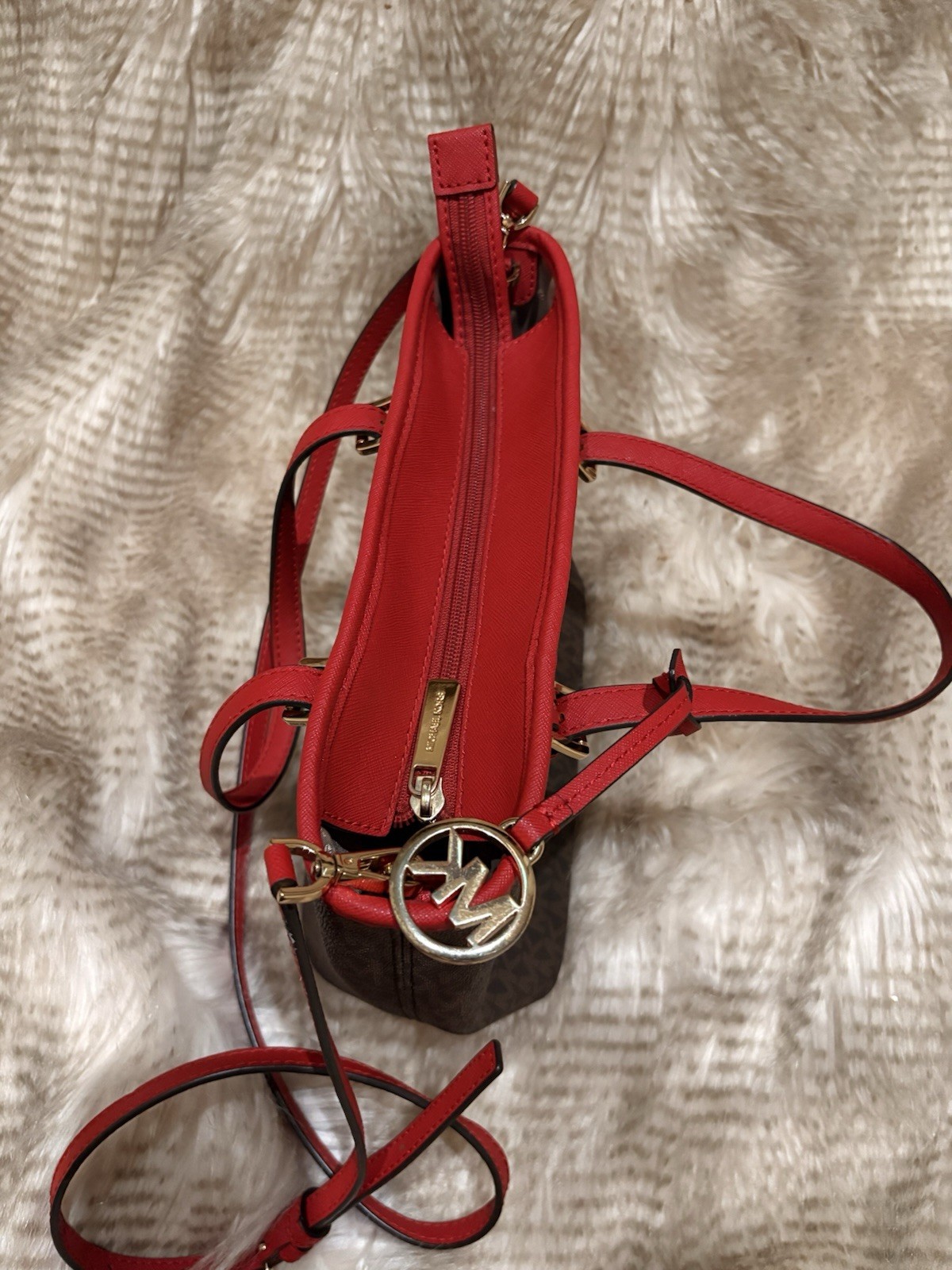 Michael Kors Small Tote Bag Brown/Red MK Logo, Double Handles, Gold Hardware
