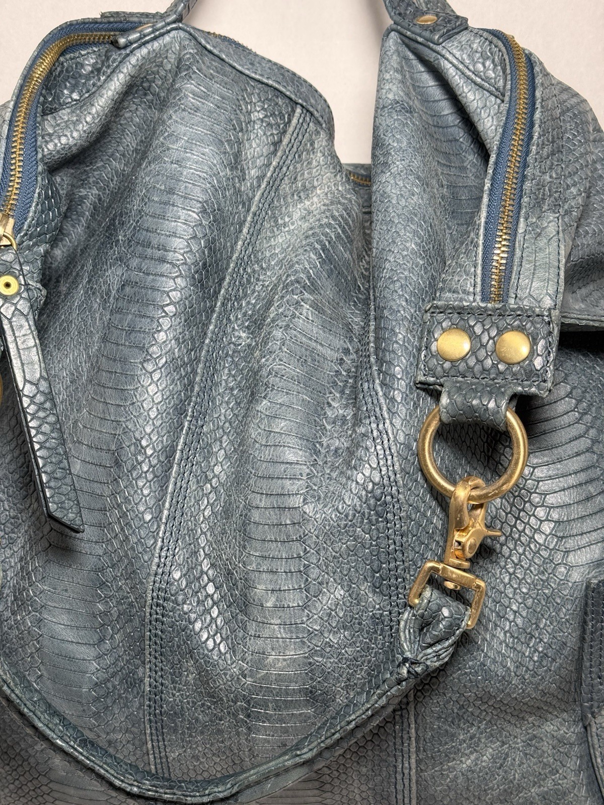 Cynthia Vincent Blue snakeSkin Embossed Leather Oversized Tote shoulder Bag