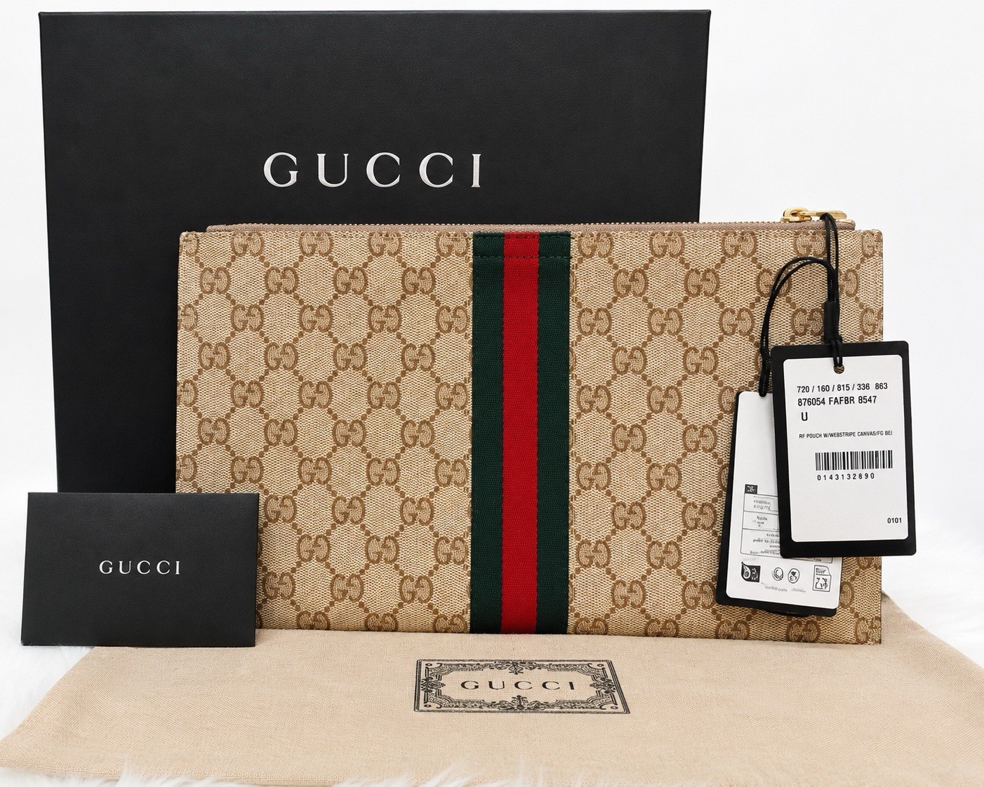 Authentic Gucci GG Supreme Web Stripe Zip Pouch Clutch , With Dust bag And Box