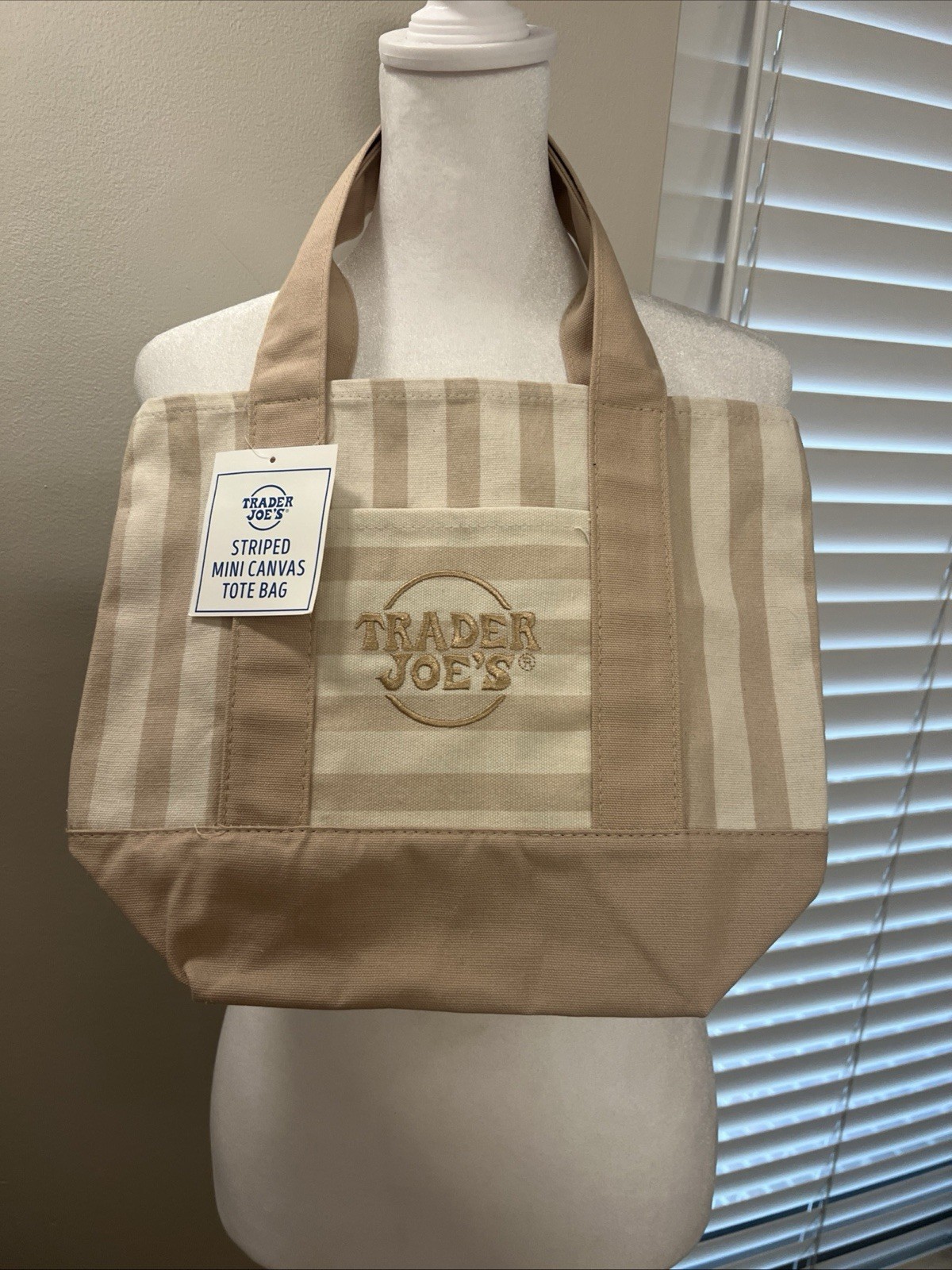 Trader Joe’s Mini Canvas Stripe Tote Bag Beige Reusable Shopper Bag