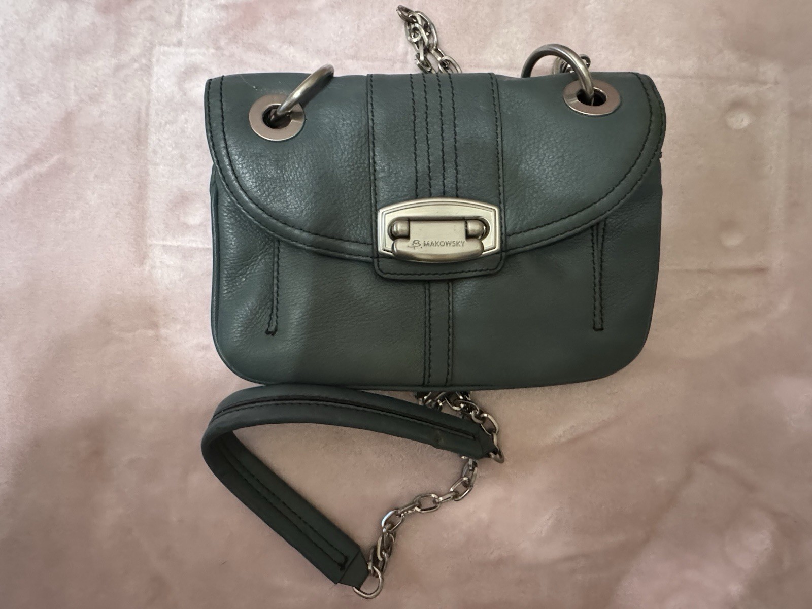 B. Makowsky Slate Gray Pebbled Leather Crossbody Shoulder Bag Leopard Lining