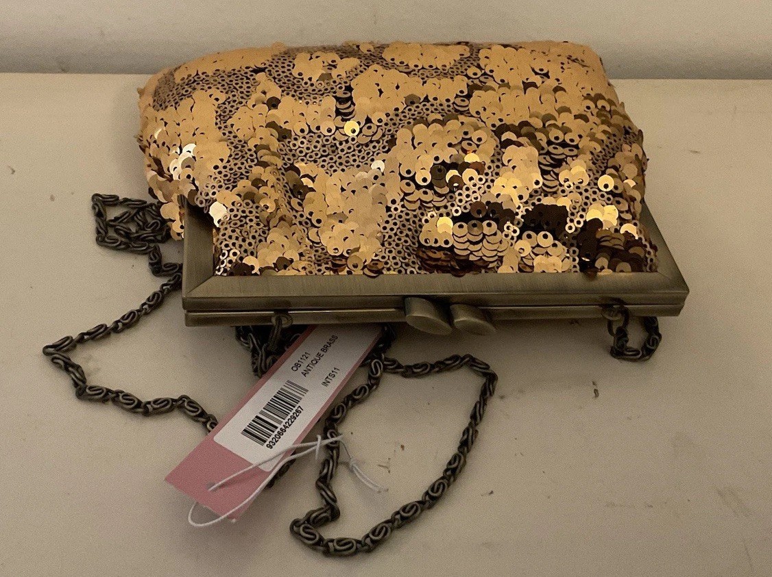 Lovely Olga Berg Antique Gold Tone Sequinned Bag With Tags , Never Used