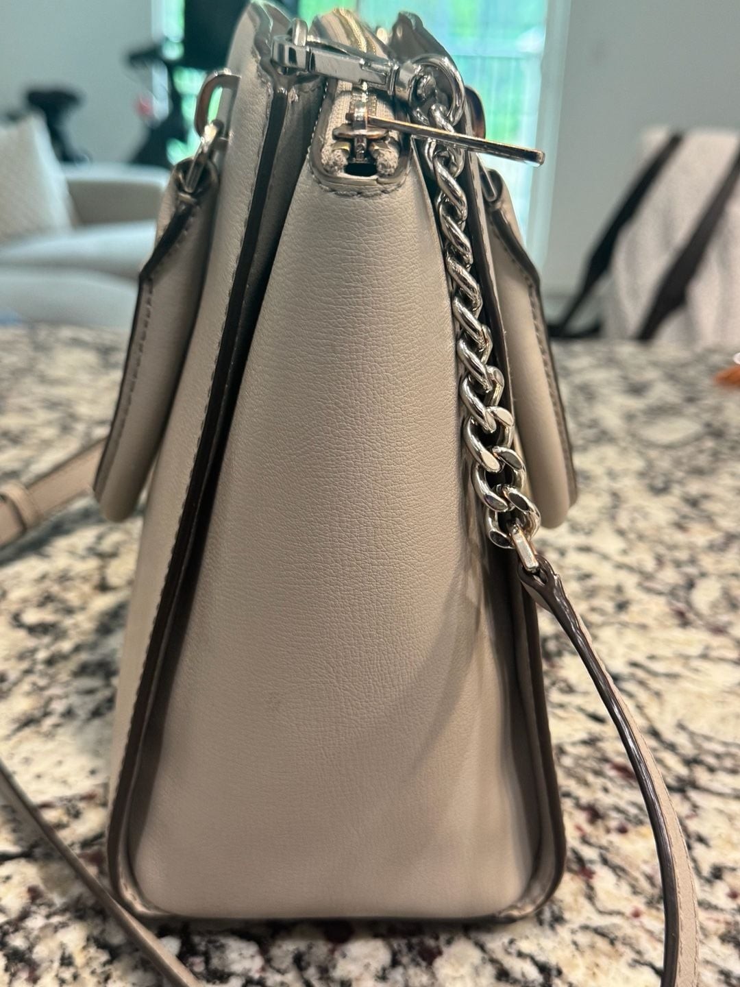 Michael Kors Large Leather Satchel Crossbody Bag Light Gray Silver Hardware