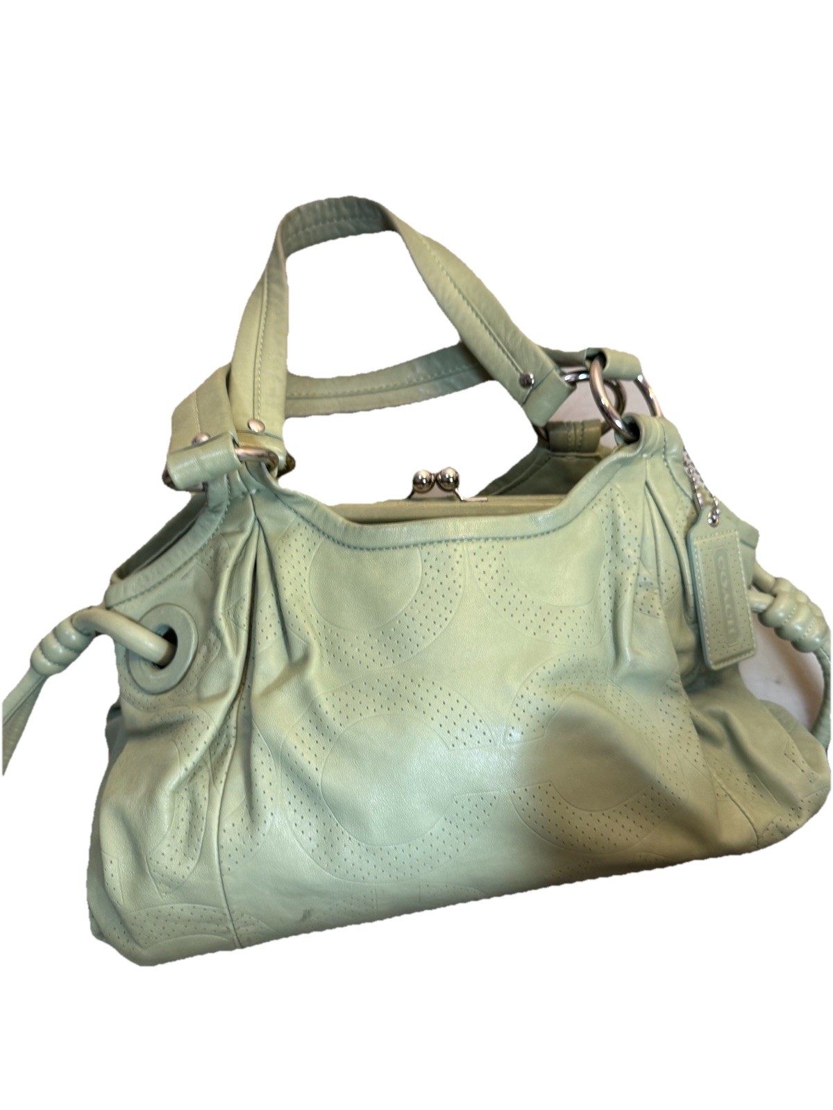 Coach Green Parker Perforated Op Art C Kisslock Frame Tote Bag Purse Satchel