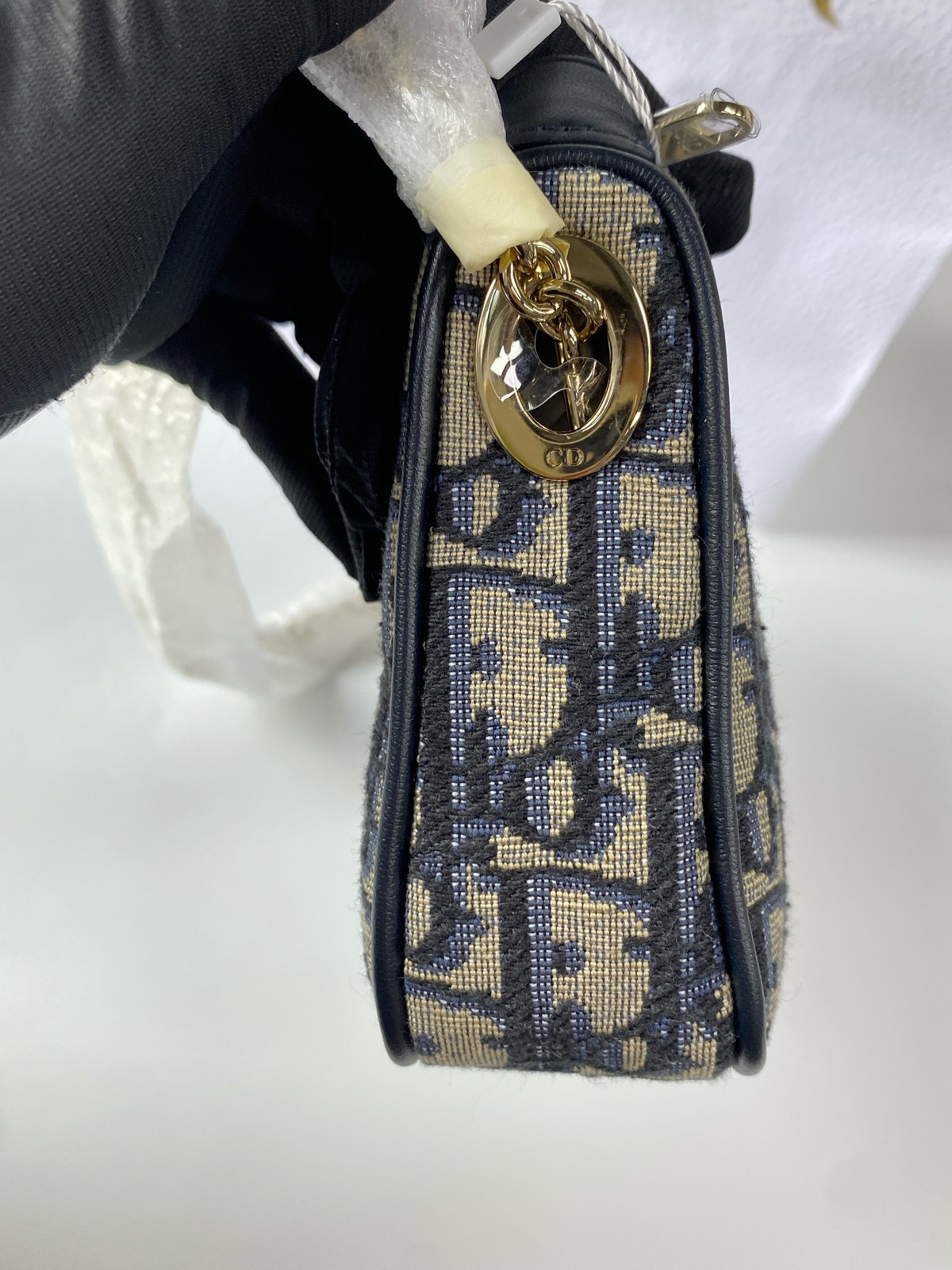 Christian Dior Oblique Zipped Pouch Black Calfskin Bow Pale Chain Bag Brand New