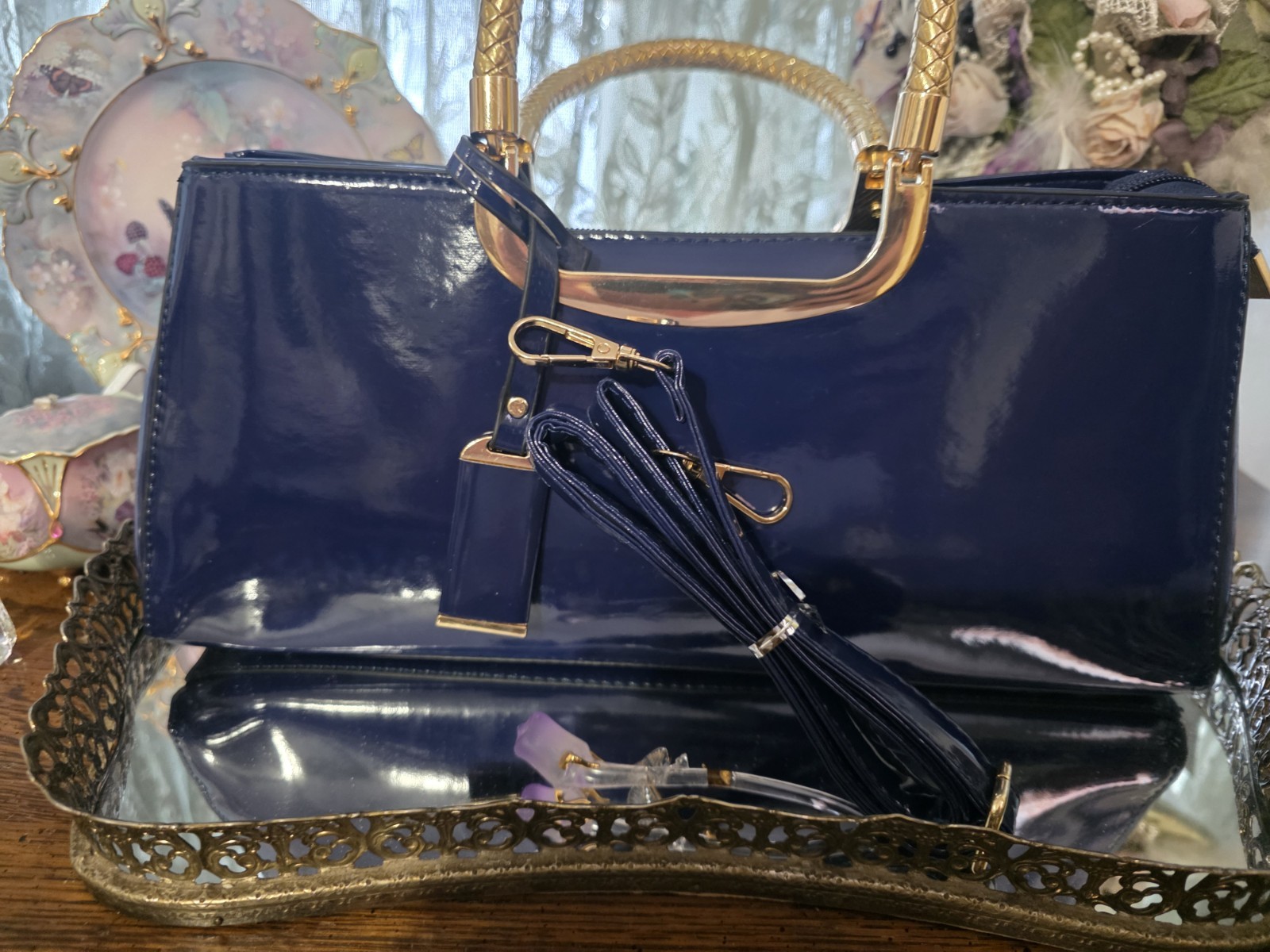 Elegant Patent Leather Bag/Crossbody Purse Glossy Royal Blue Gold Accent PU New