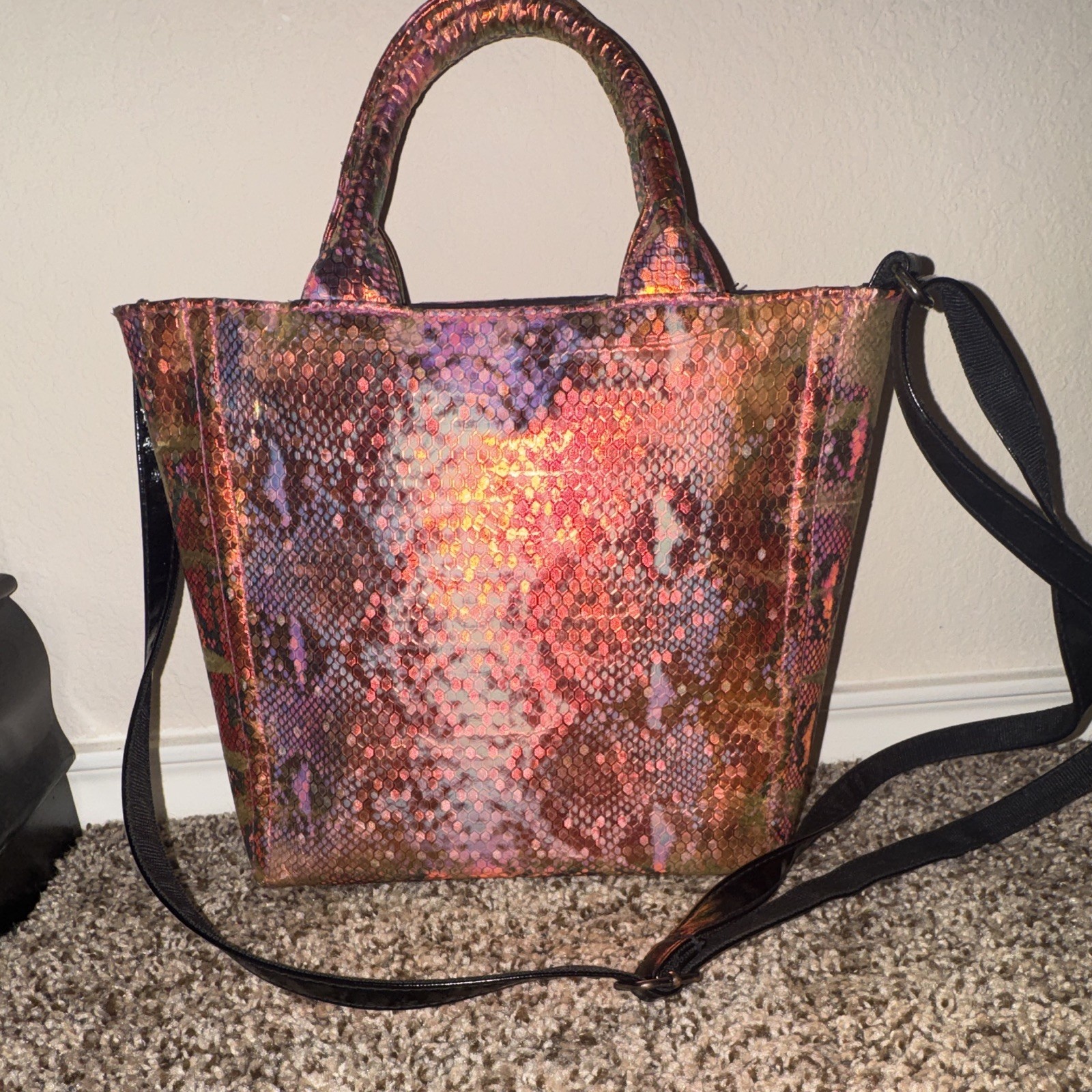 adidas Small Tote Bag Iridescent Multicolor Logo Lined Detachable Strap