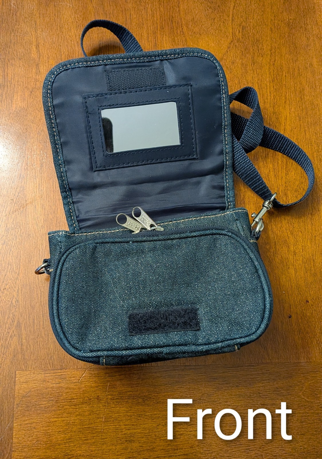Mudd Denim Y2K Crossbody Handprint 4 Card plus ID Window w/Mirror and Zippers