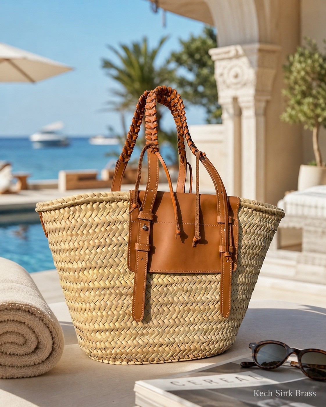 Handmade Moroccan Straw Tote Bag Braided Leather Handles, Zipper Pocket, Summer