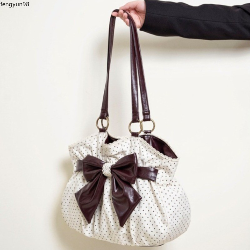 Chic Polka Dot Tote Bag Vintage Women Handbags Shoulder Bag Bow Sweet Bag