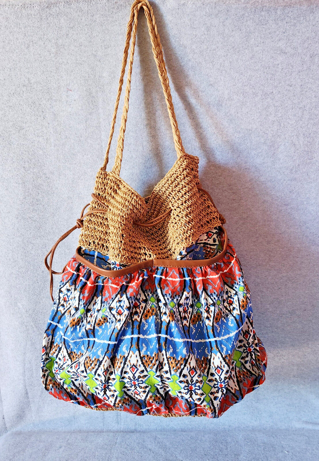 Capelli Straworld Woven Straw Cotton Fabric Boho Summer Shoulder Bag Drawstring