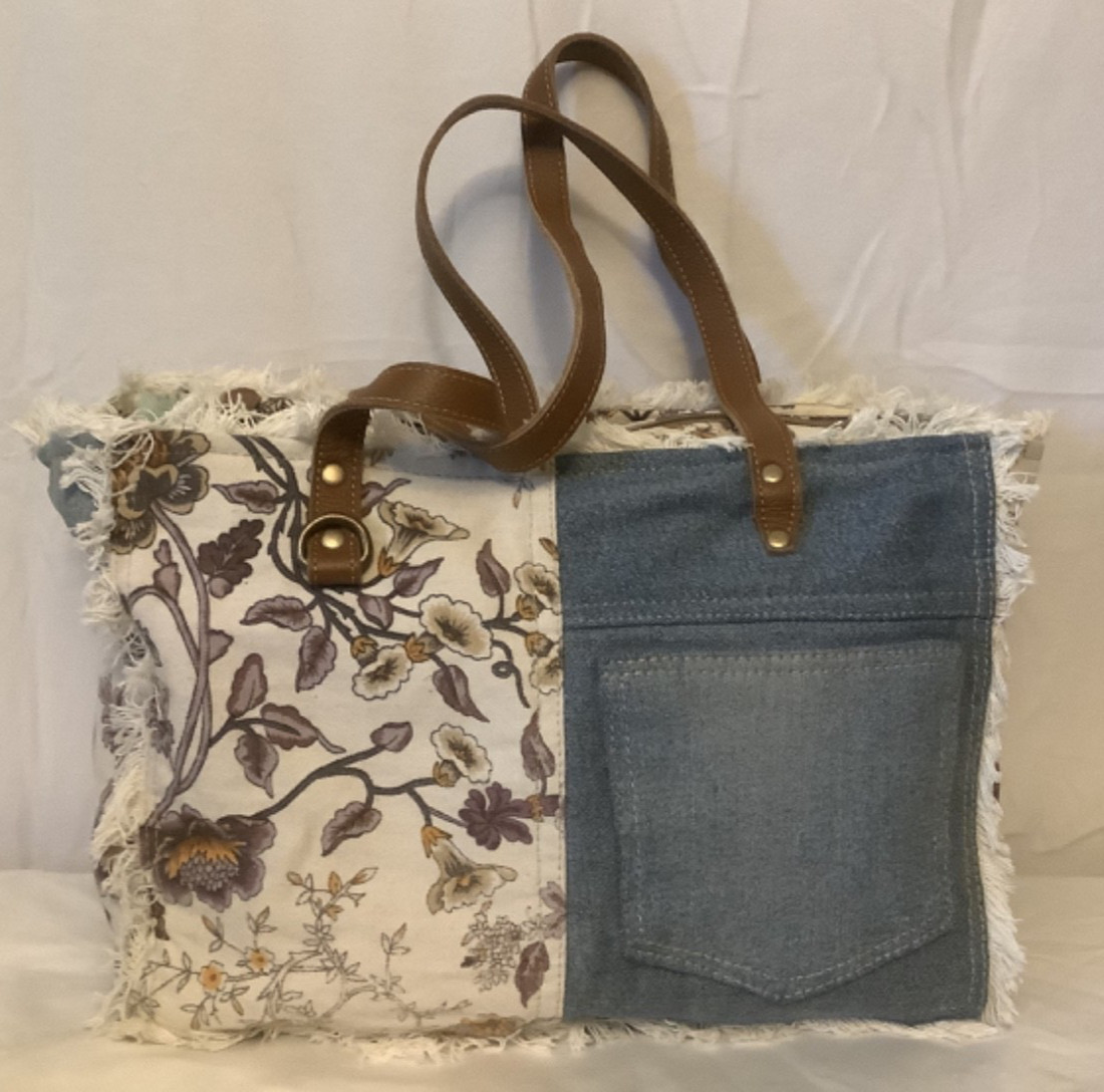 Primrose Denim & Floral Canvas Tote Bag-White Fringe-Inside Pocket-Leather Strap