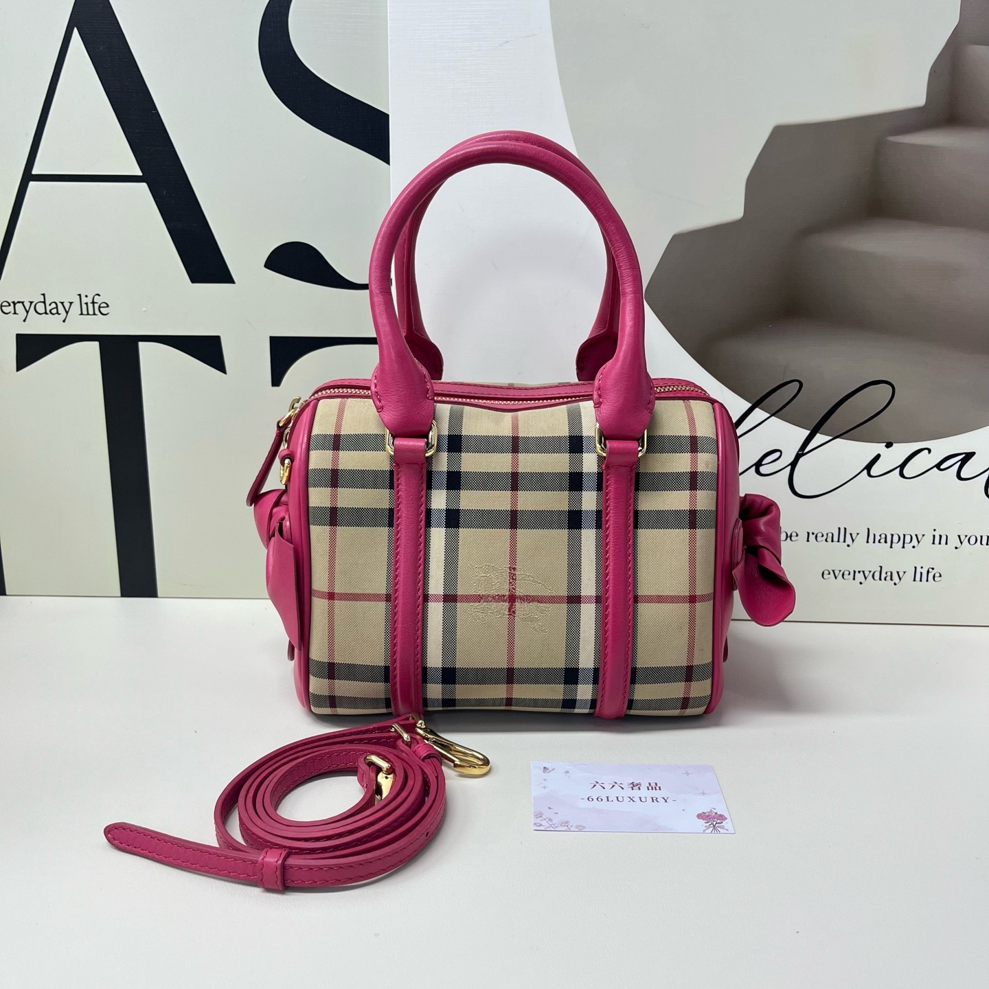Burberry Horseferry Check Mini Beige Fuchsia Coated Canvas Crossbody Bag Duty Pa