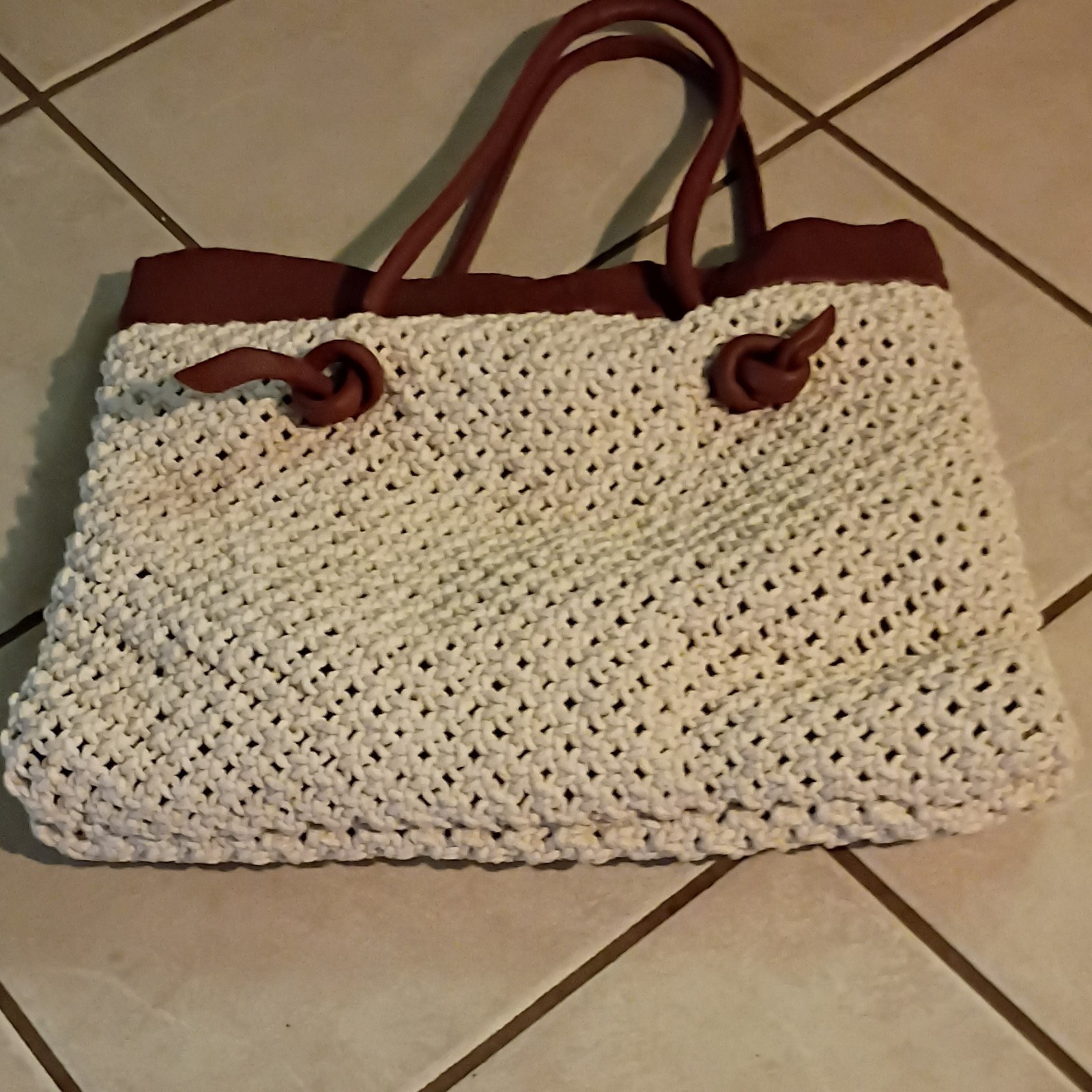 Handmade Crochet Tote Bag Beige/Brown Leather Trim Double Handles Solid