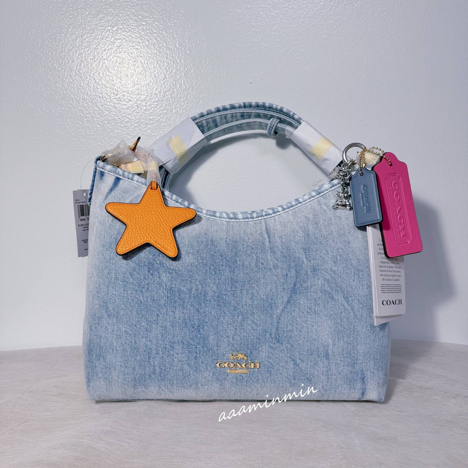 NWT Coach Laurel Shoulder Bag In Loved Denim With Charms CEF26
