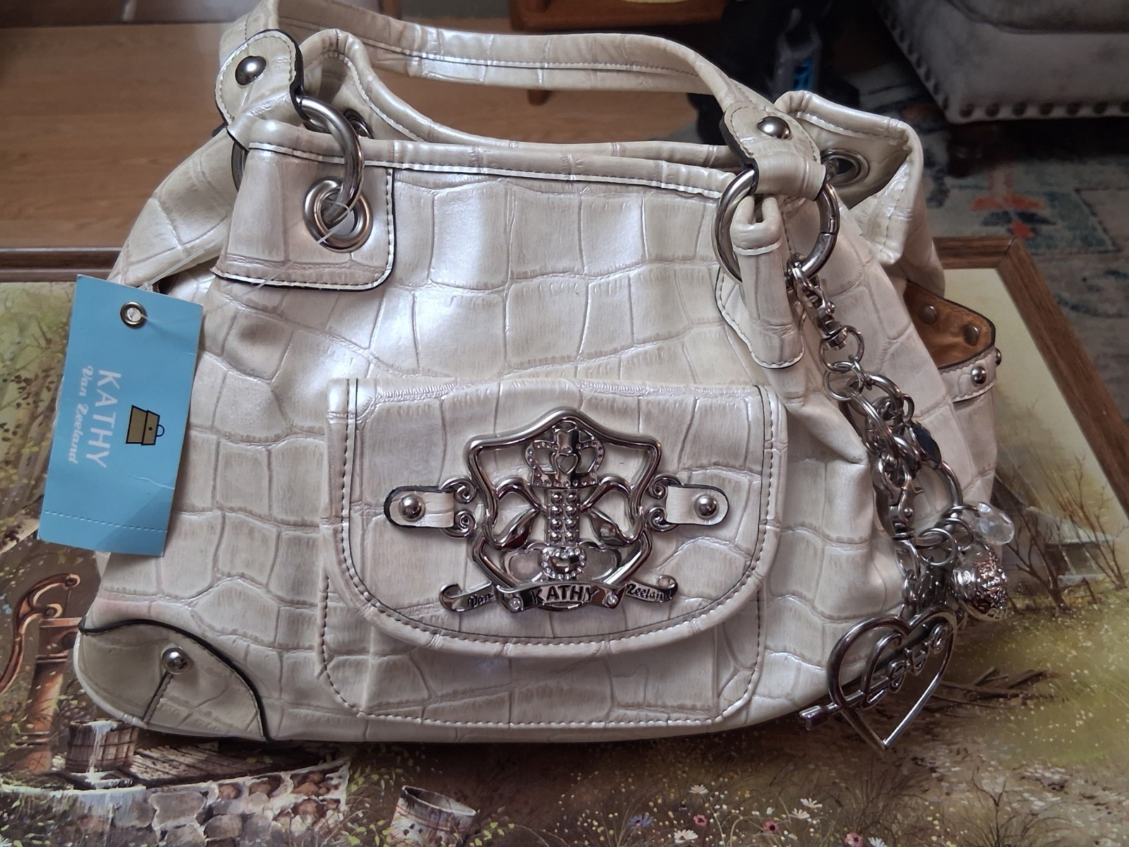 ​NWT Kathy Van Zeeland Metallic Cream Croc Shoulder Bag + Matching Mirror bag​