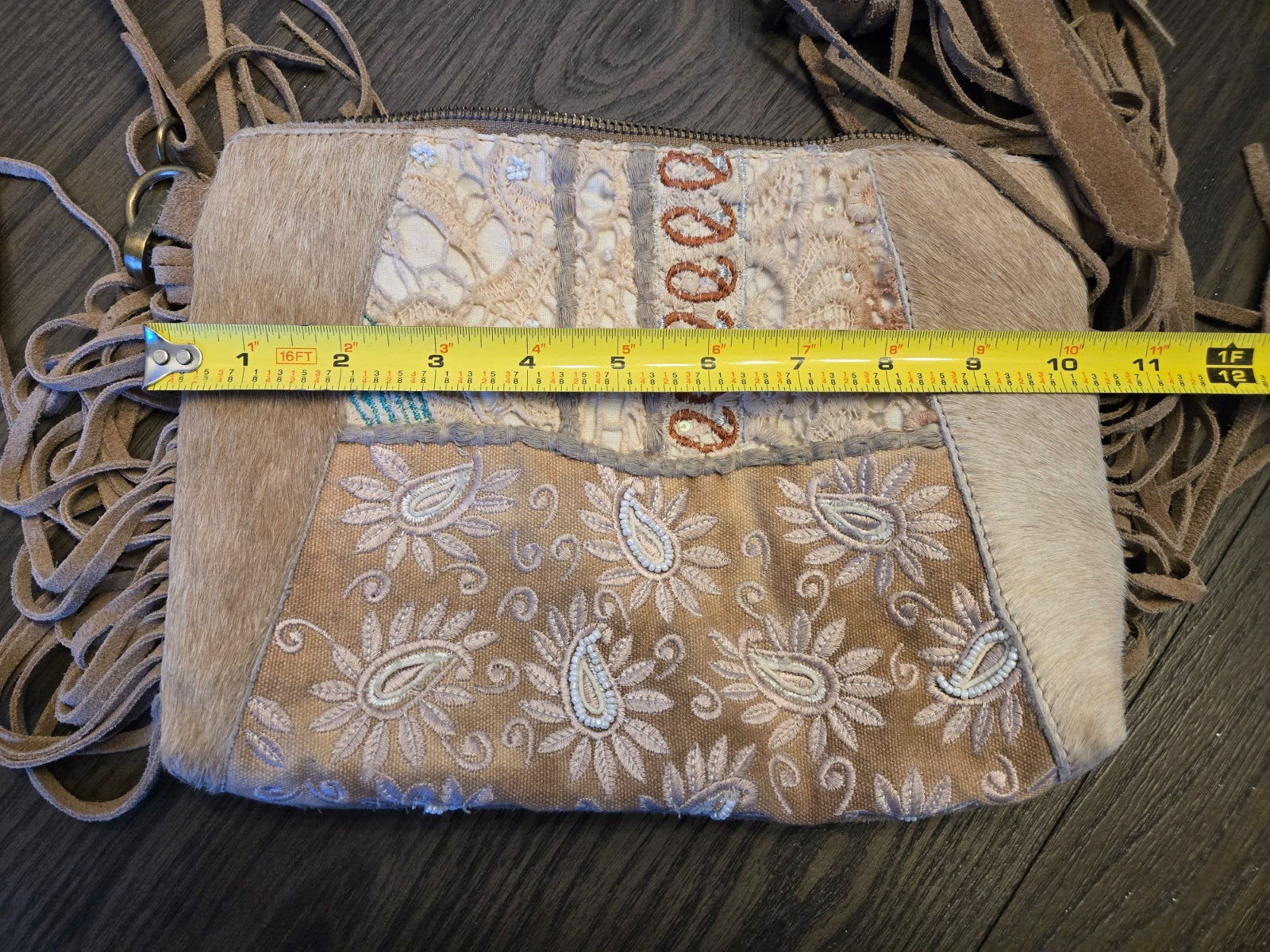Shyanne Beige Cowhide Leather Embroidered Hide Fringe Western Crossbody Purse