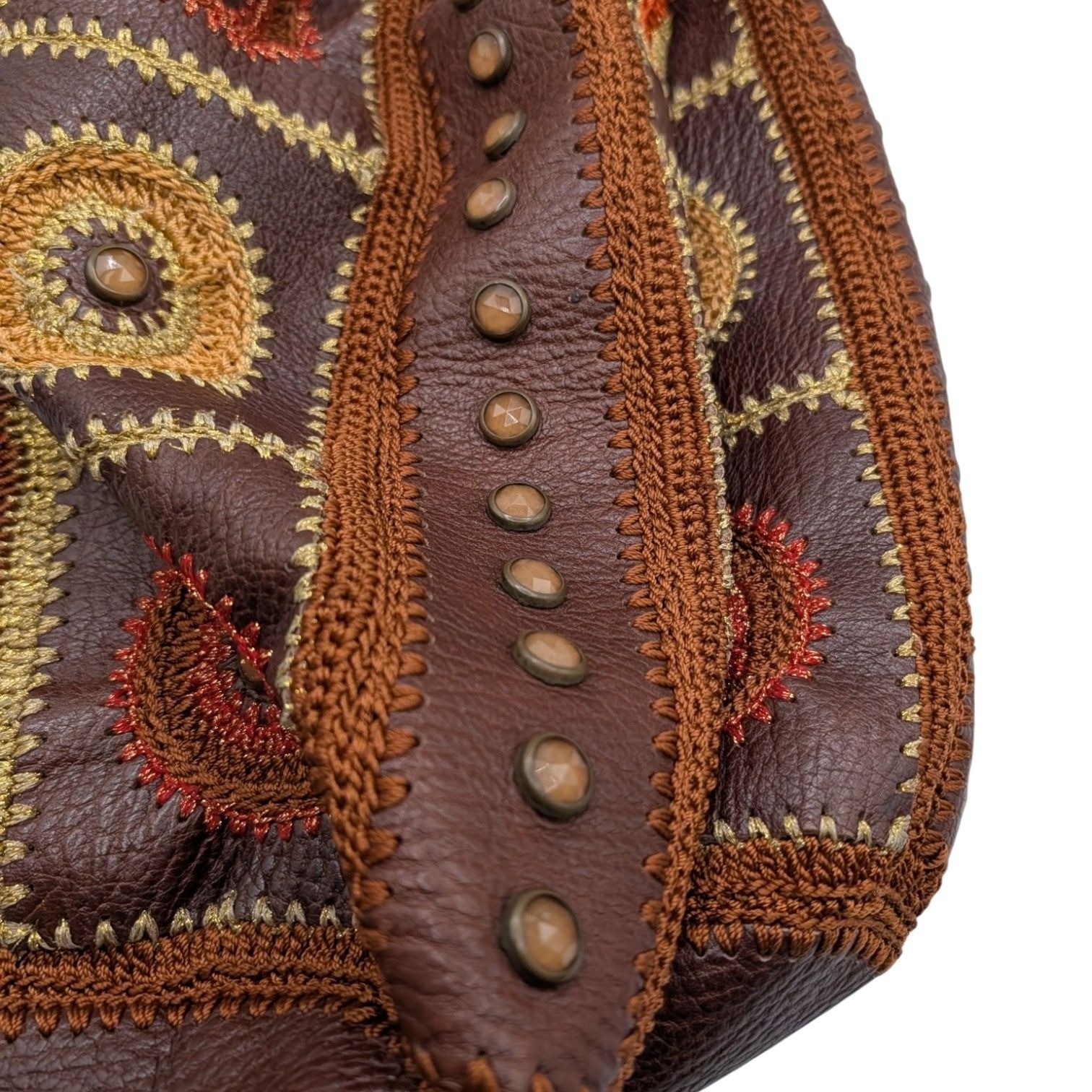 Isabella Fiore Brown Leather Studded Embroidered Shoulder Bag W Bohemian Design