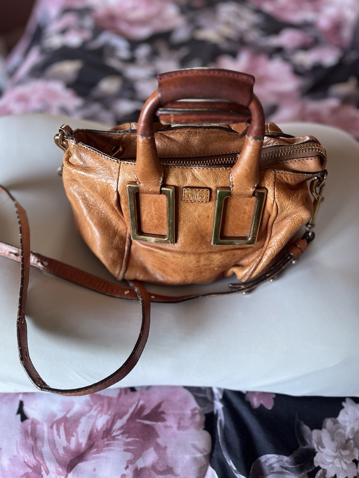 Auth Chloe Ethel 2way Handbag w/Shoulder Strap Leather Brown