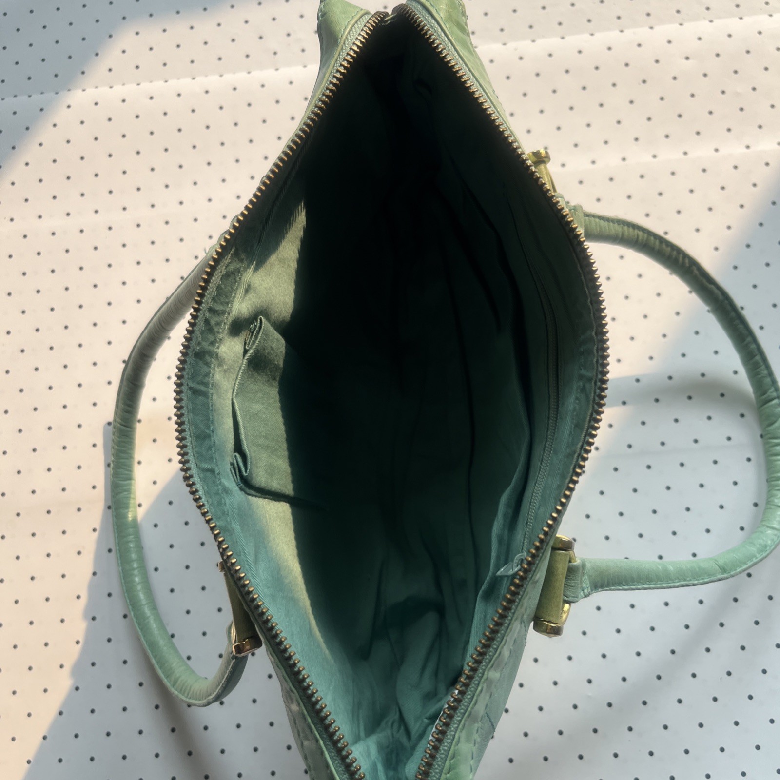 Vintage Mint Green Genuine Leather Satchel Purse Zip Top Brass Top Handle