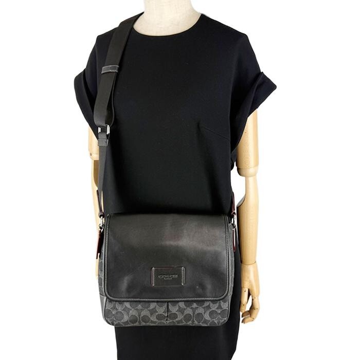 COACH Signature Black Leather Crossbody Bag Flap Unisex Silver Hardware 31.5cm
