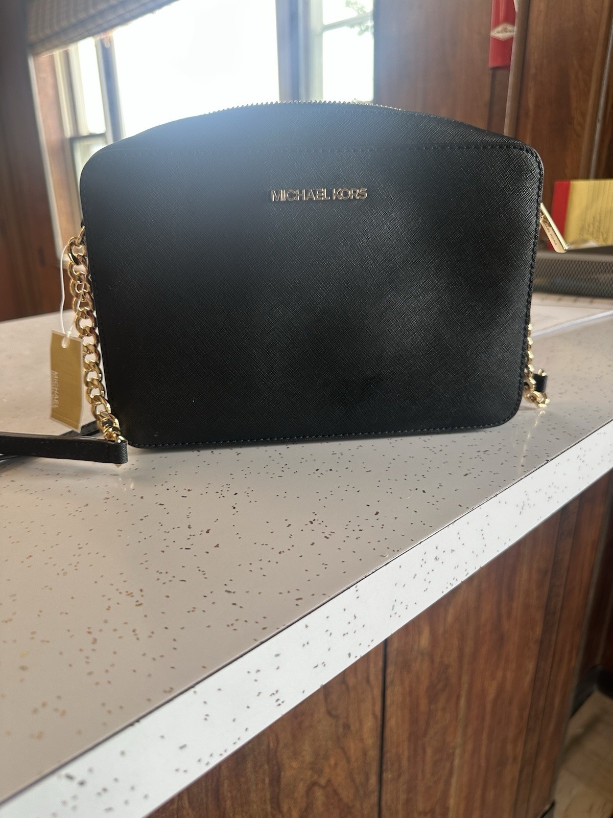 Michael Kors Jet Set Small Black Zip Crossbody Bag w/ Gold Chain Logo Accents