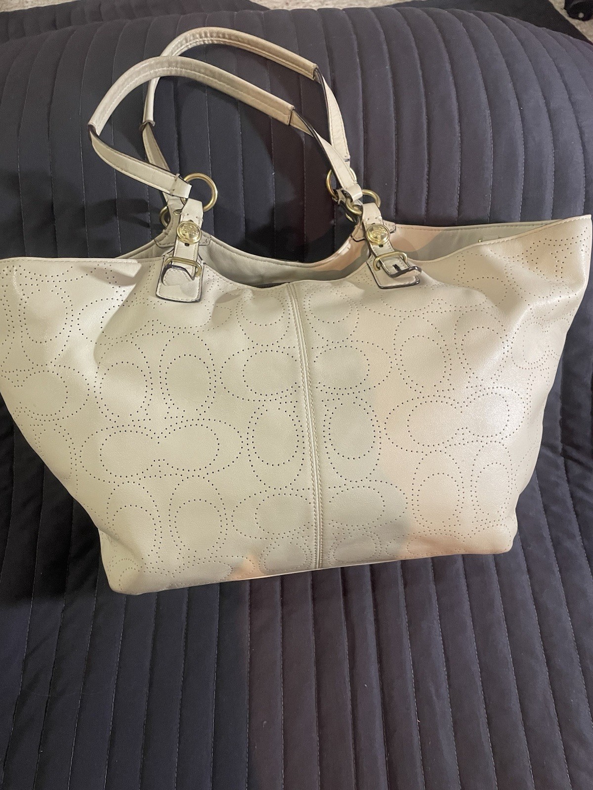 Coach Y2K Carly Hobo Perforated Signature C Ivory Leather Tote Bag Satchel