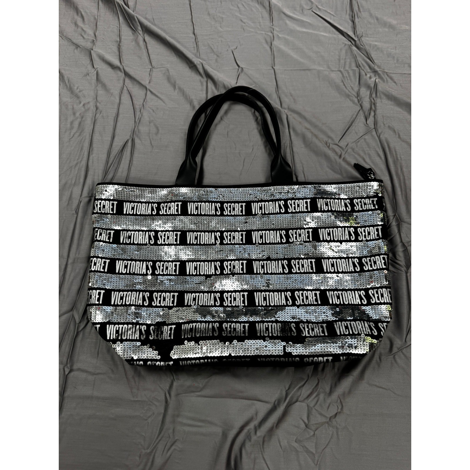 Victorias Secret Sequin Tote Bag Black Silver Logo Zipper Large Carryall Bag