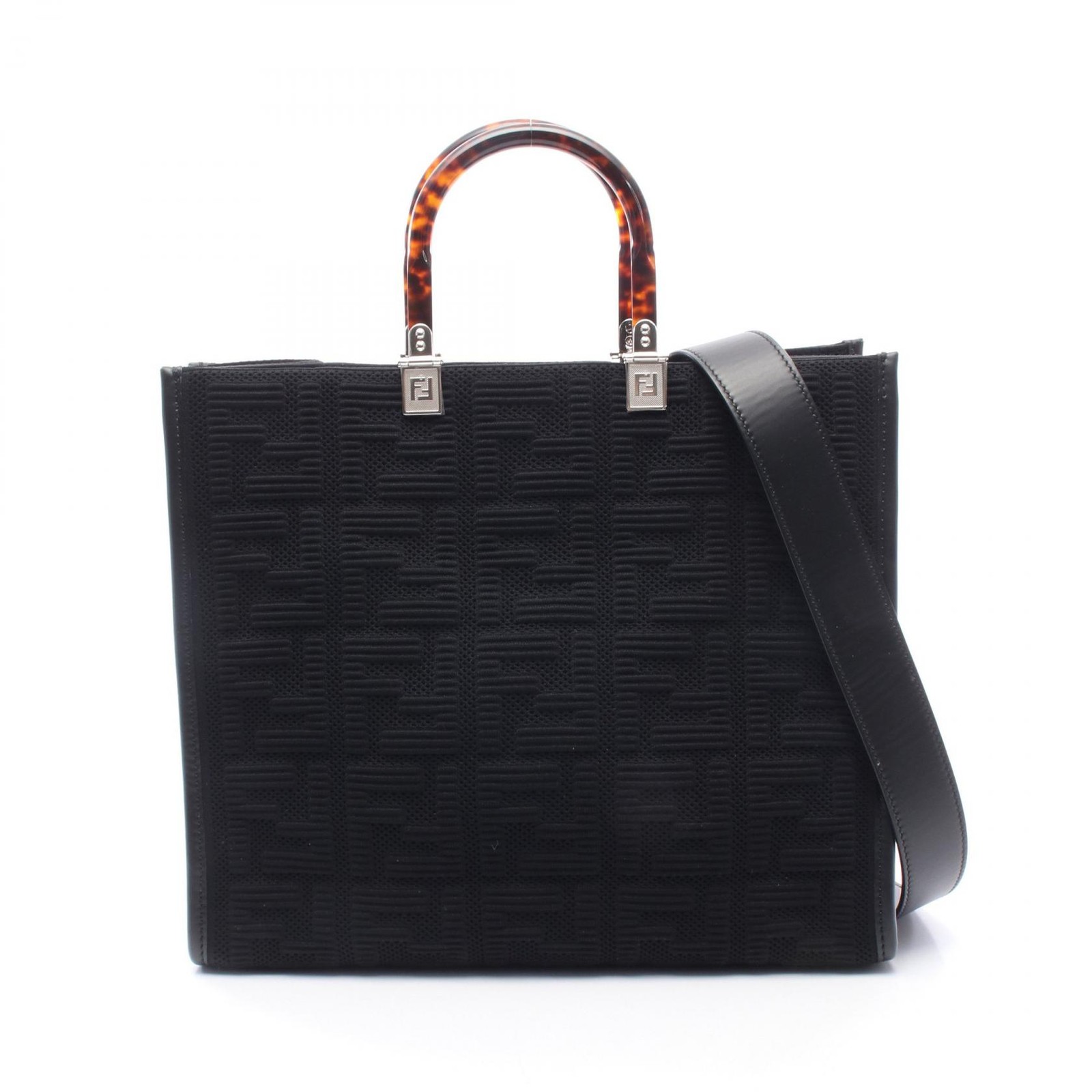 FENDI SUNSHINE MEDIUM 2WAY Shoulder Tote Bag 8BH386 canvas leather Black Used