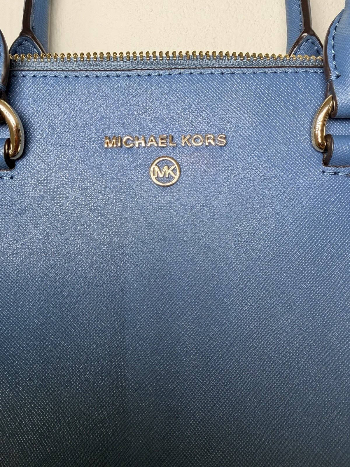 Michael Kors Large Dome Satchel Blue Zip Top w/ Crossbody Strap, Gold Logo