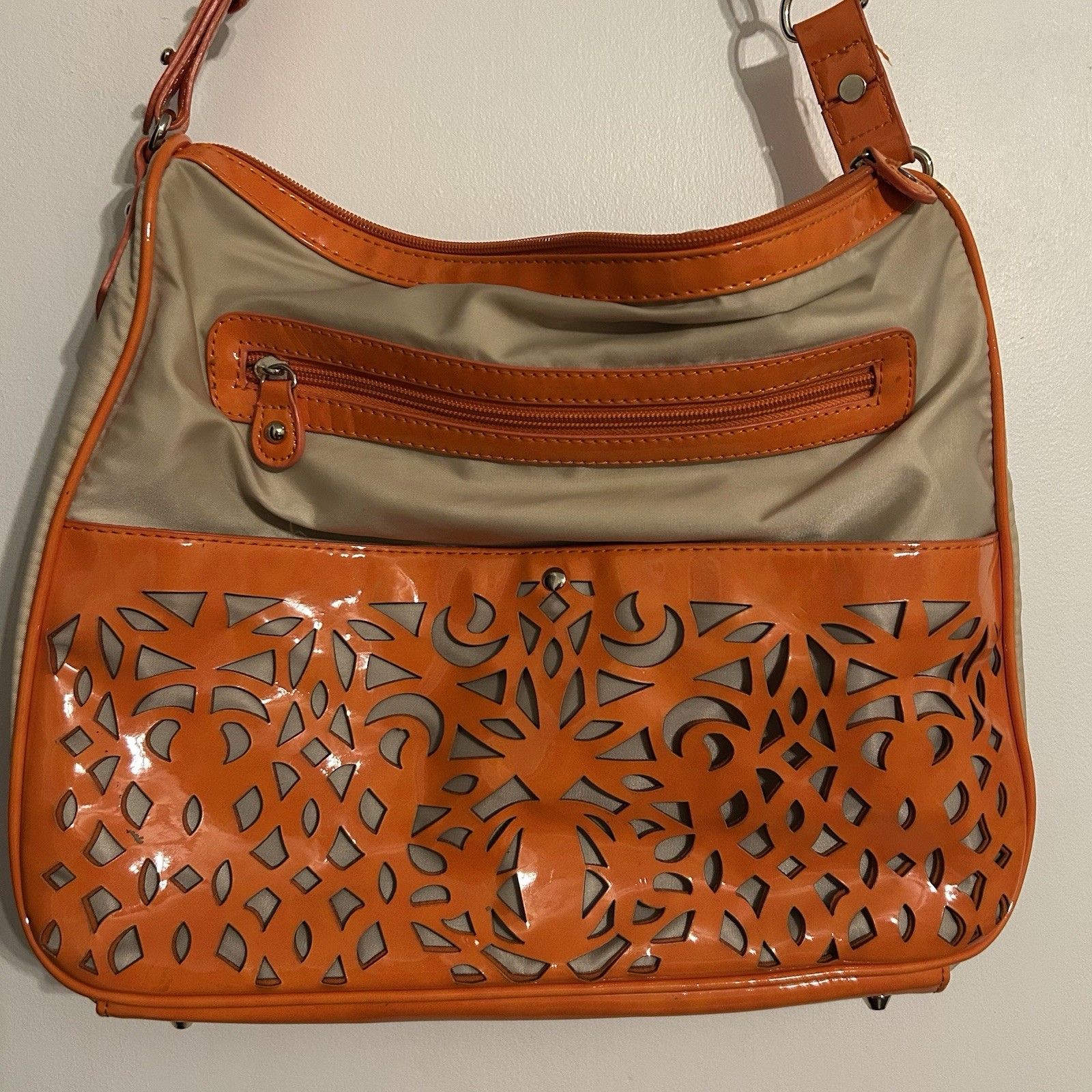 Sondra Roberts Beige Nylon and Orange Cutout Shoulder Bag