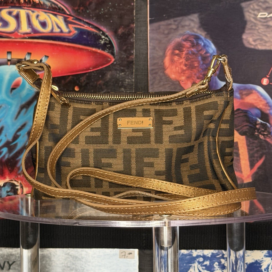 Fendi Brown Zucca Monogram Small Shoulder Bag Zip Closure Detachable Strap