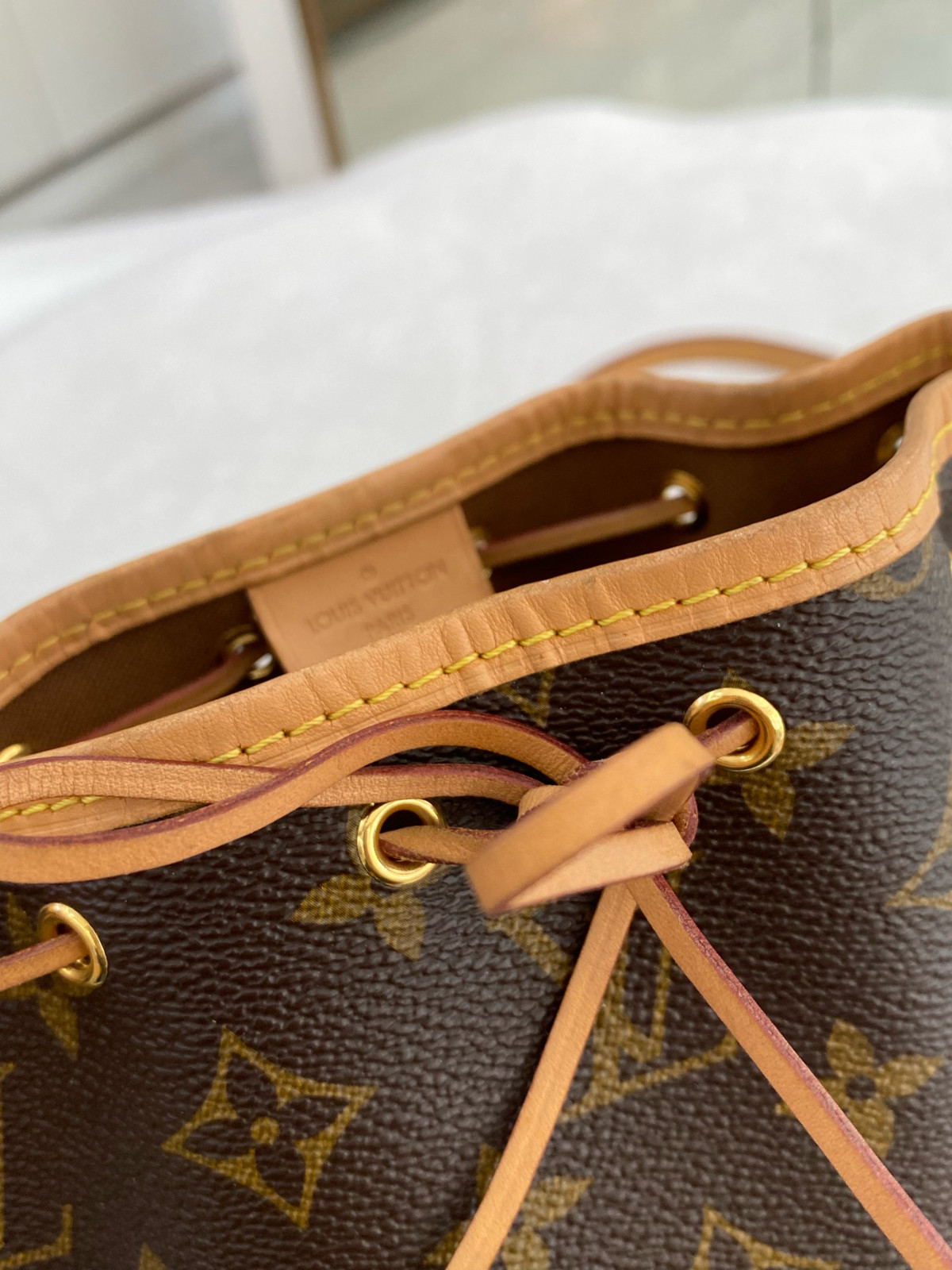 Authentic Louis Vuitton Nano Noé Monogram Canvas, Vachetta Leather Bucket Bag