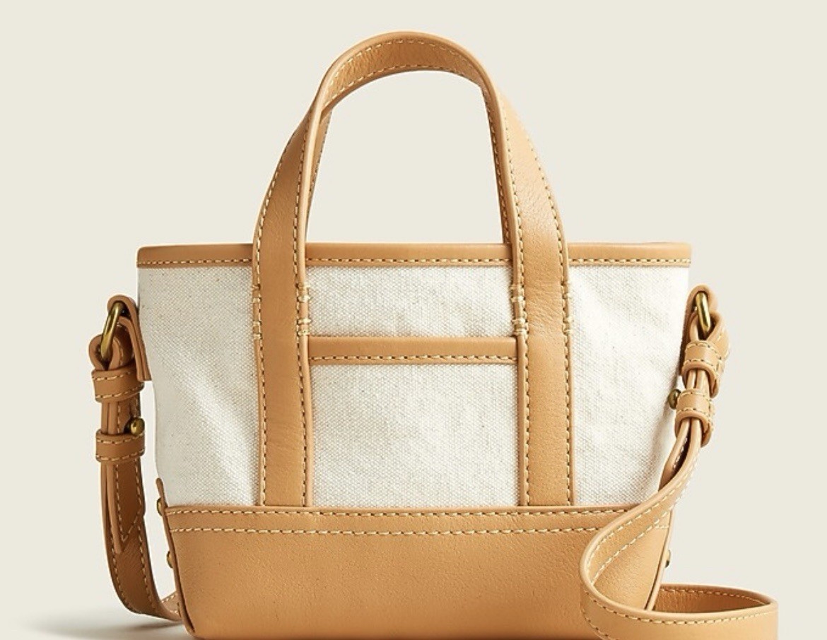 NWT J. Crew Mini Montauk Canvas W/Leather Caramel Tote Bag NEW