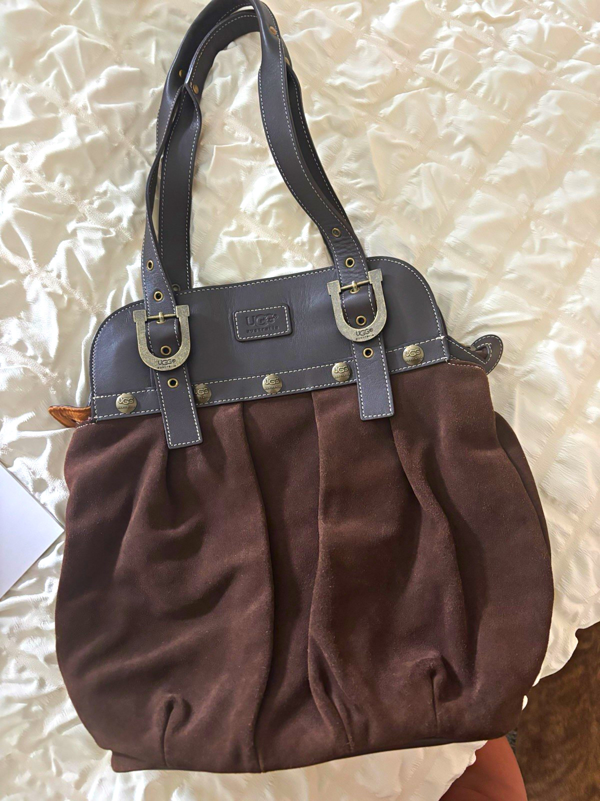 UGG Women’s Brown Shoulder Bag Zip Closure Buckle Logo Lined Inner Pockets