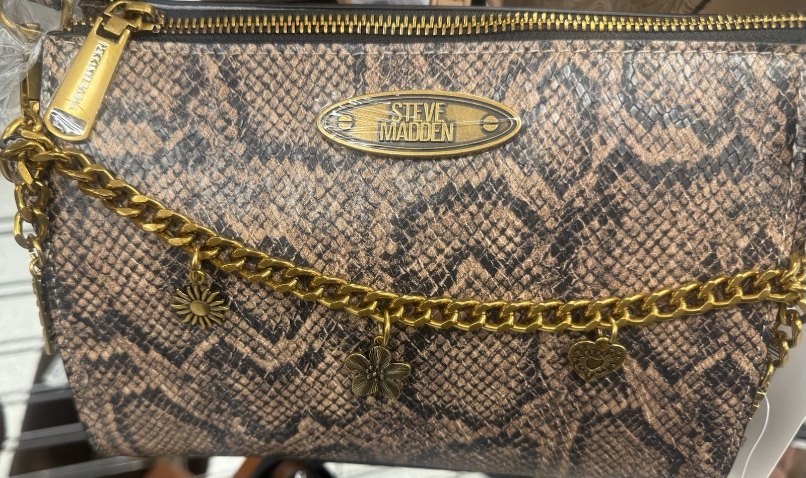 Steve Madden Brown/Black Snake Print Shoulder Bag Zip Gold Chain Strap Charm