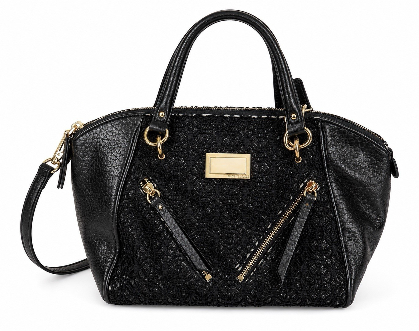 Juicy Couture Black Logo Satchel Top Handle Bag, Zip, Detachable Strap, Gold