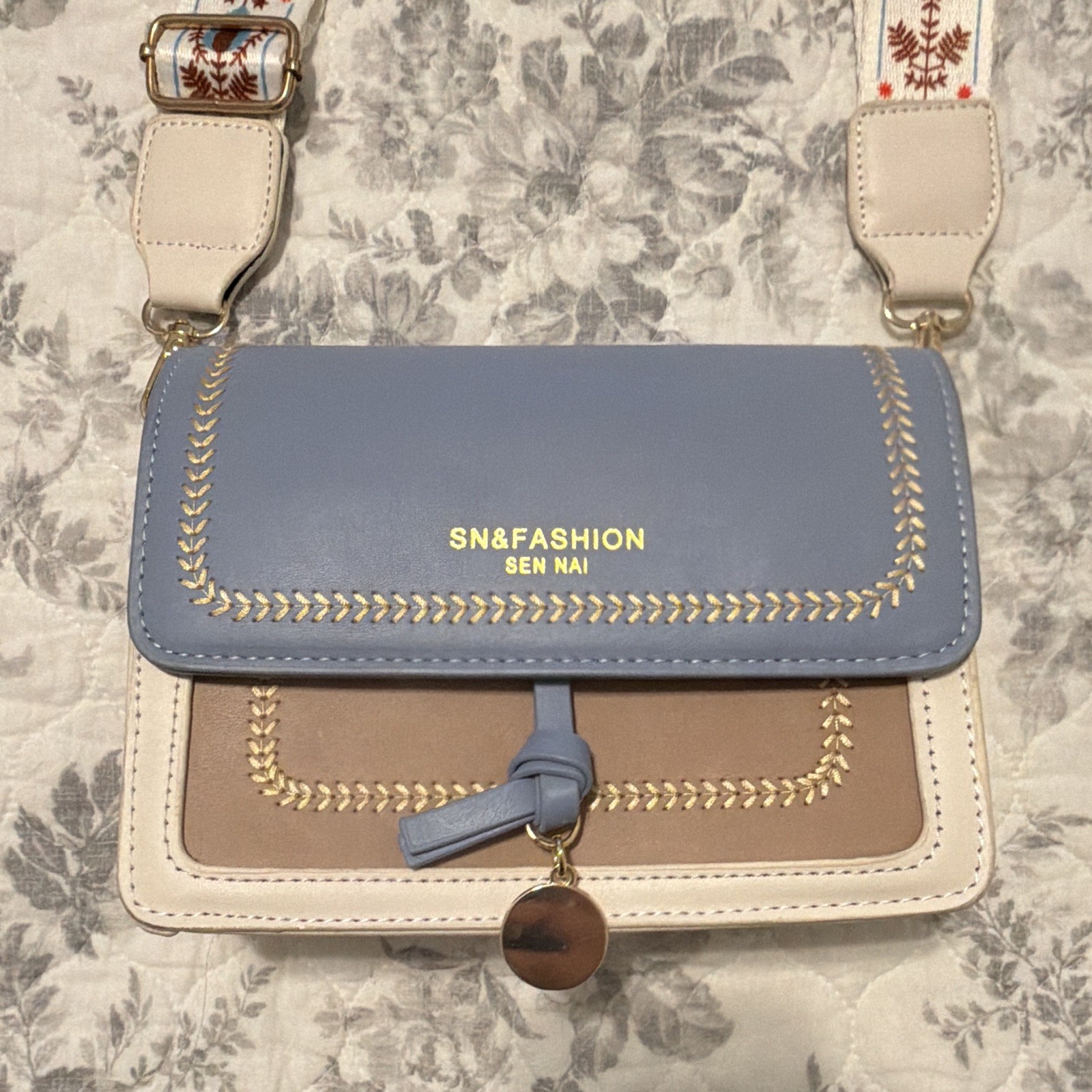 SN&FASHION Small Rectangle Colorblock Crossbody Bag Blue/Beige/Brown