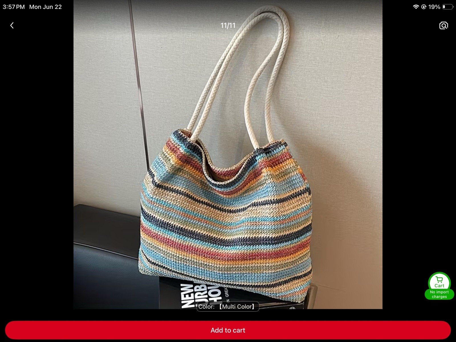 vibrant Multicolored Straw Tote Bag Rope Strap Wind Inside Pocket Free Shipping