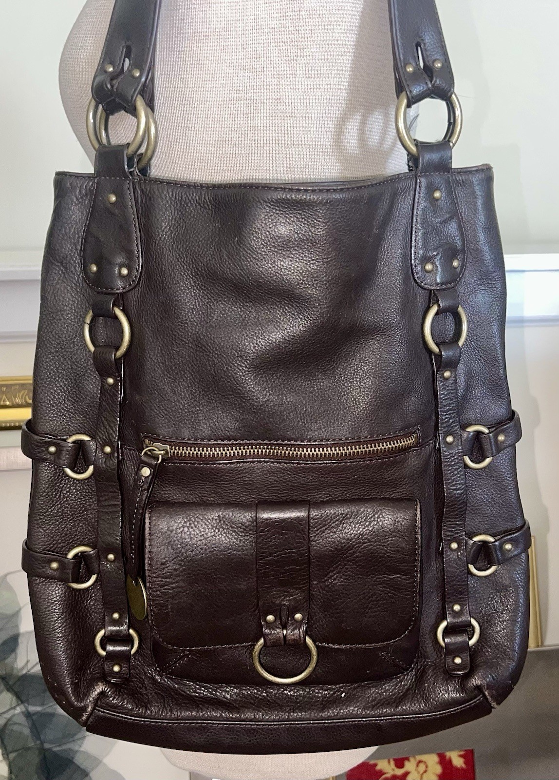 a.n.a New Approach Dark Brown Pebbled Genuine Leather Tote Shoulder Bag Purse