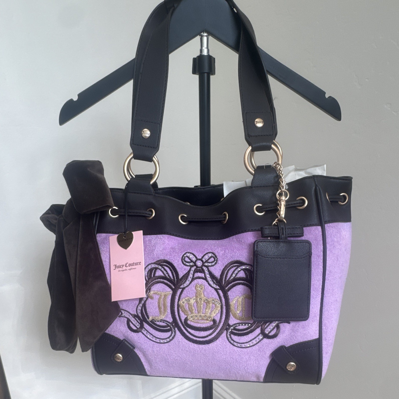 Juicy Couture Purple/Brown Medium Shoulder Bag Bow Logo Heart Charm Gold HW