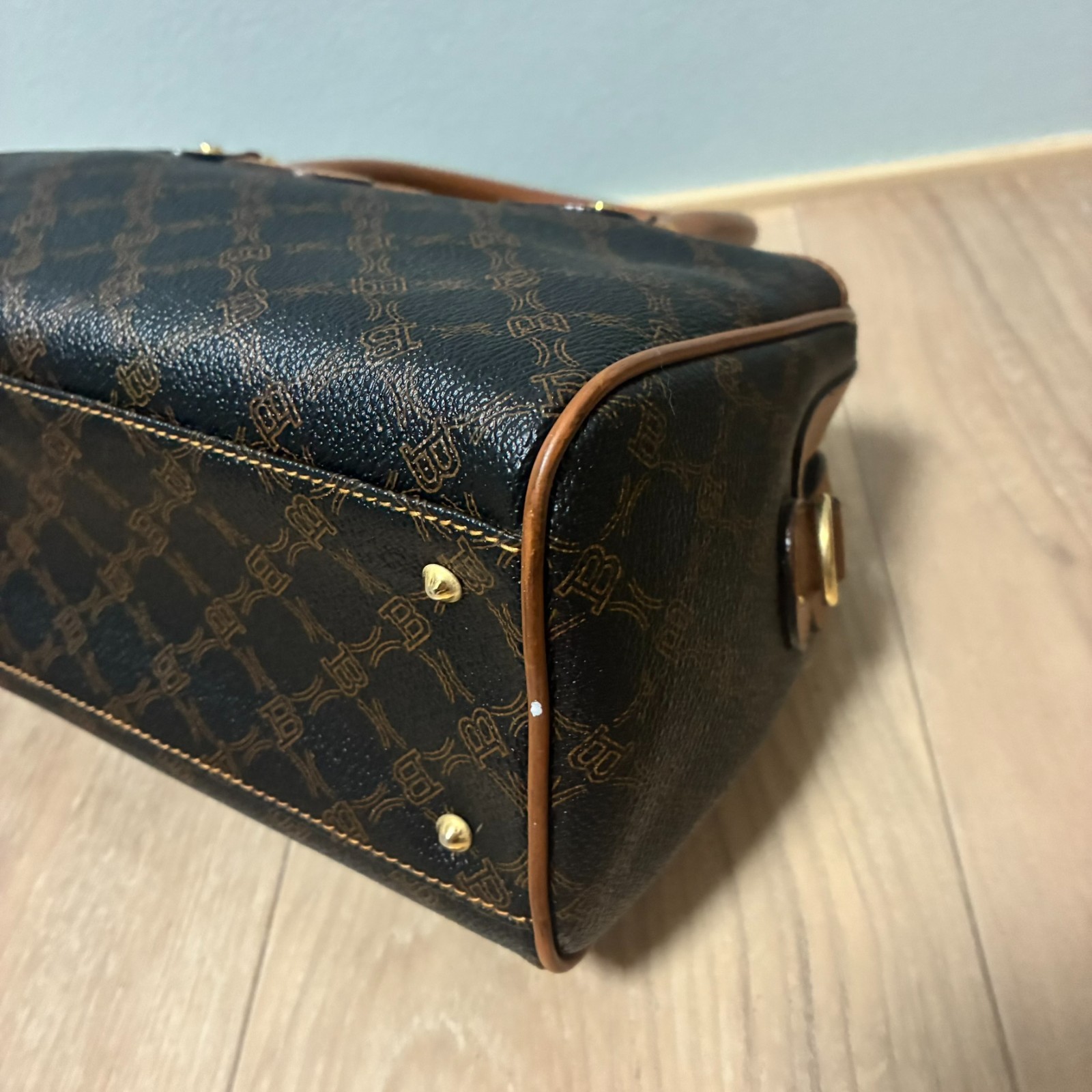 Y2K BALLY Monogram B Pattern 2way Mini Boston Handbag Gold Hardware Made in Ital